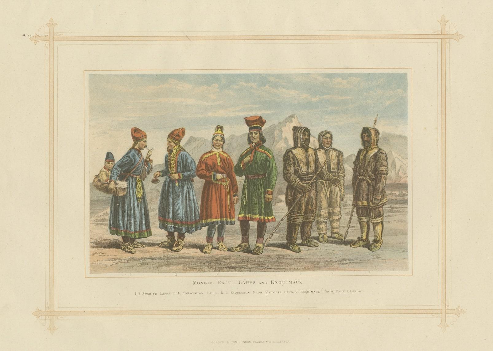 Antique Lithograph of the Mongol Race,  Lapps and Esquimaux, 1882 For Sale