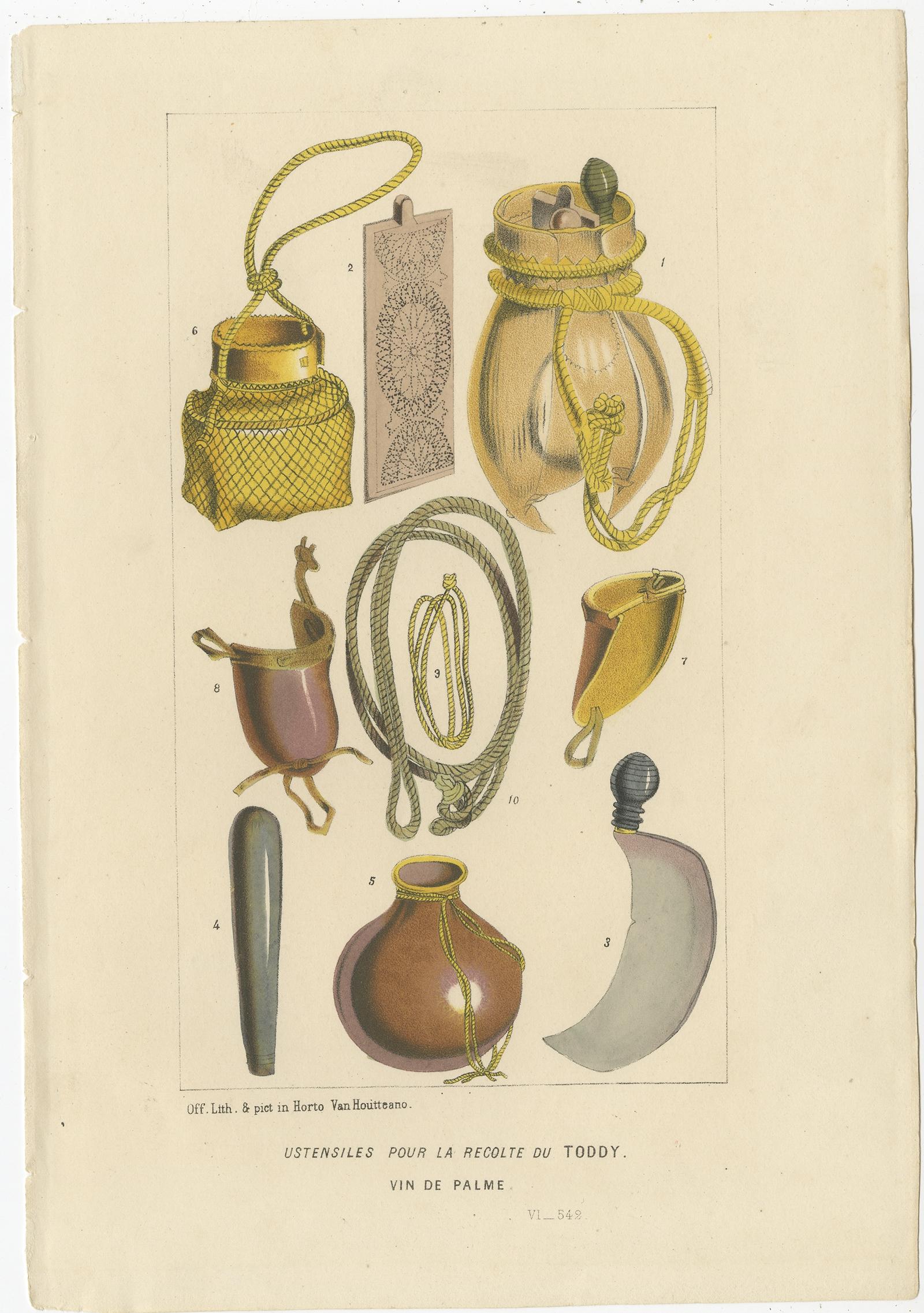Descripción: Grabado antiguo titulado 'Ustensiles pour la Recolte du Toddy'. 

Litografía de utensilios para cosechar vino de palma (o toddy). Este grabado procede de 