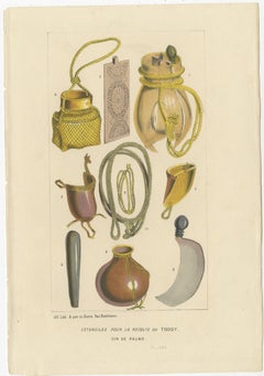 Antique Lithograph of Utensils to Harvest Palm Wine or Toddy, 1851