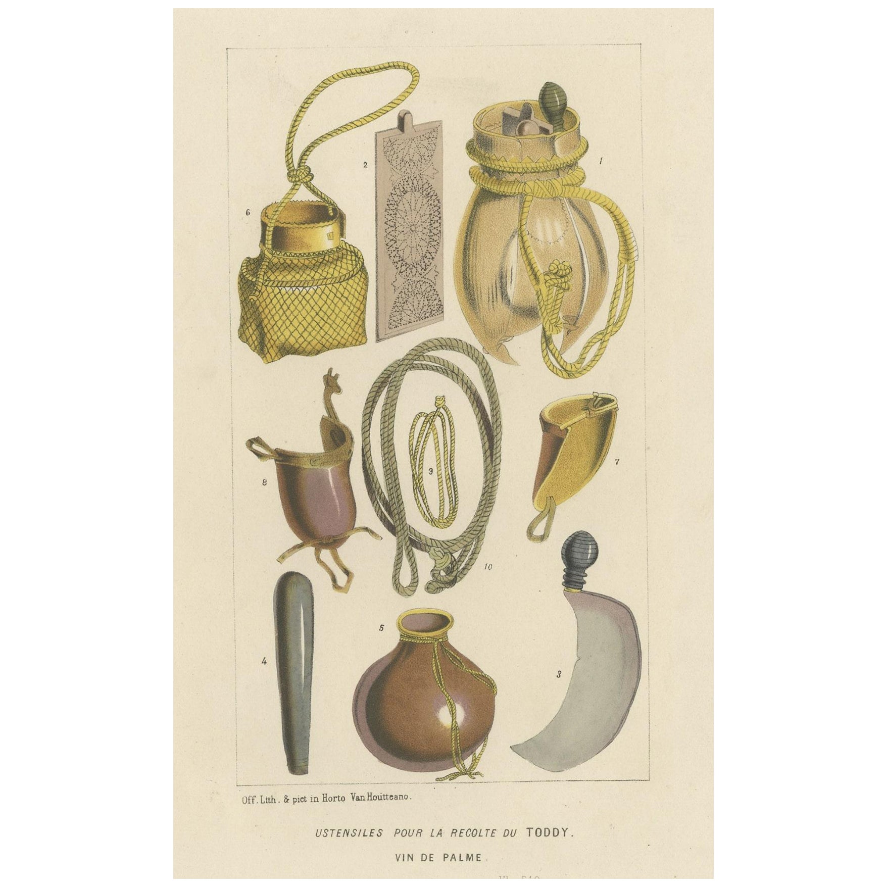 Antike antike Lithographie mit Utensilien zur Ernte von Palmenwein oder Trinkgefäß, 1851