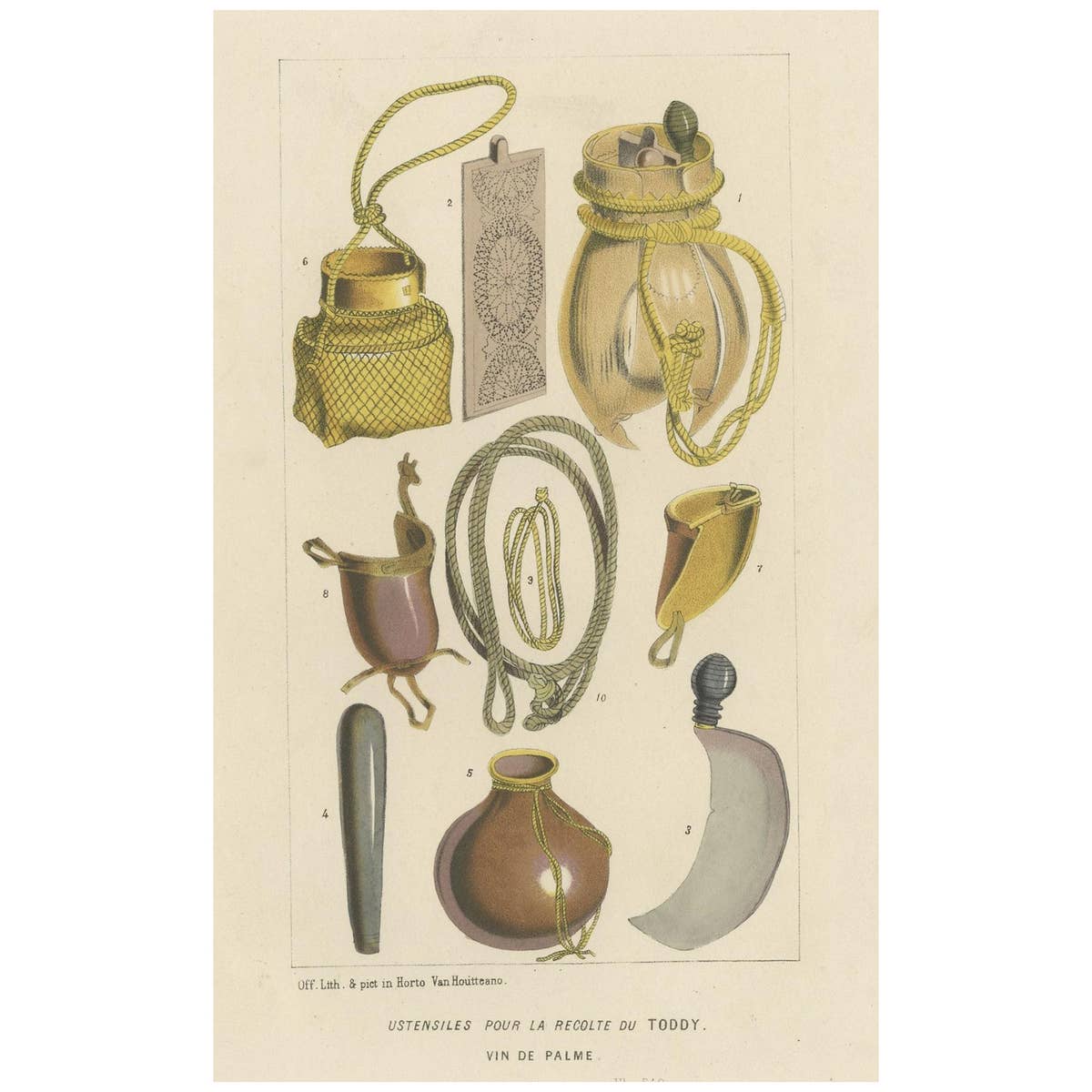 Antique Lithograph of Utensils to Harvest Palm Wine or Toddy, 1851