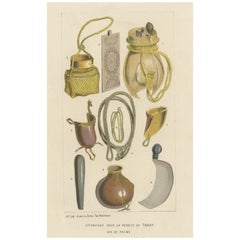 Antique Lithograph of Utensils to Harvest Palm Wine or Toddy, 1851