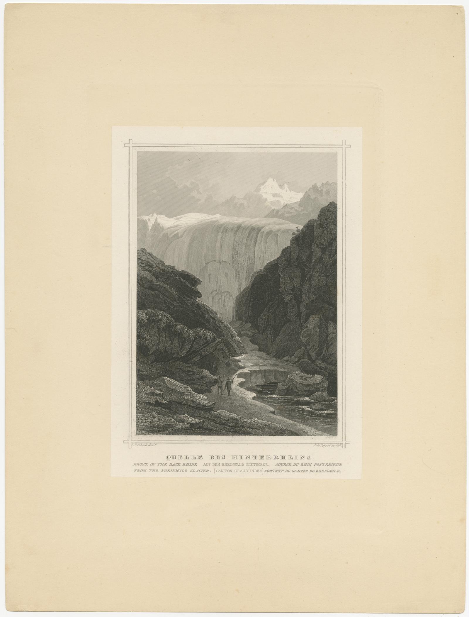 Antique print titled 'Quelle des Hinterrheins'. Lithograph on chine collé of the source of the Back Rhine from the Rheinwald Glacier, Canton Graubünden. Engraved by J. Poppel after L. Rohbock. Published circa 1860.
