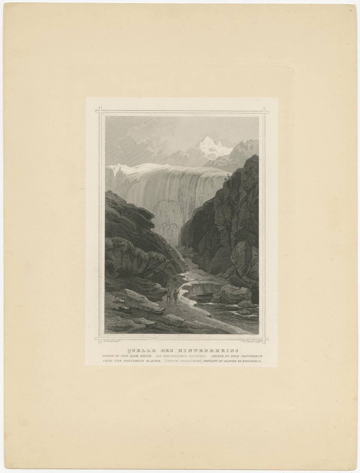 Antique Lithograph on Chine Collé of the Source of the Back Rhine, Graubünden