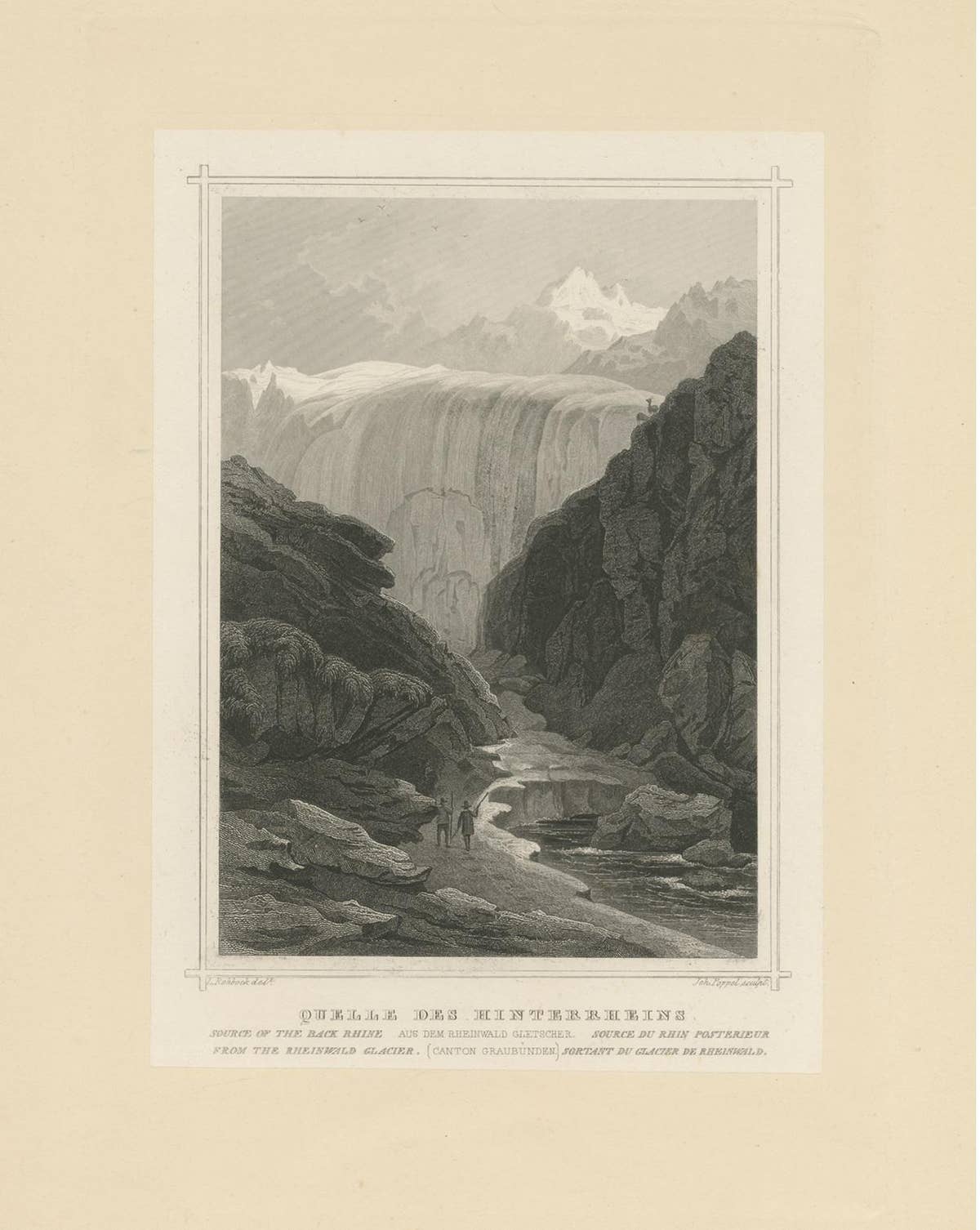 Antique Lithograph on Chine Collé of the Source of the Back Rhine, Graubünden