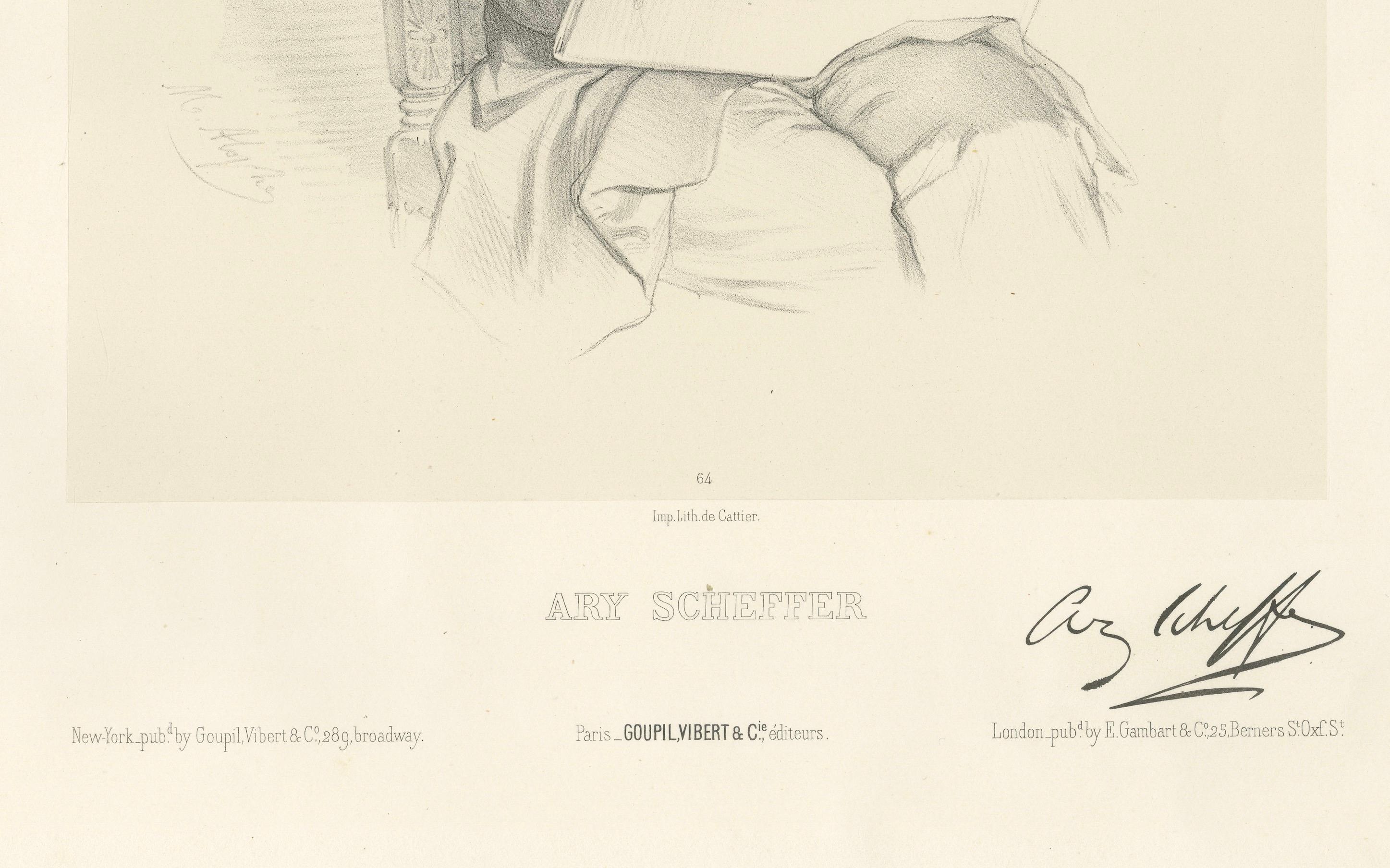 Portrait of Ary Scheffer by Le Gout-Gérard – 19th Century Lithograph, circa 1855

This refined lithographic portrait depicts the renowned French-Dutch painter Ary Scheffer (1795–1858), a key figure in 19th-century Romantic art. The print shows