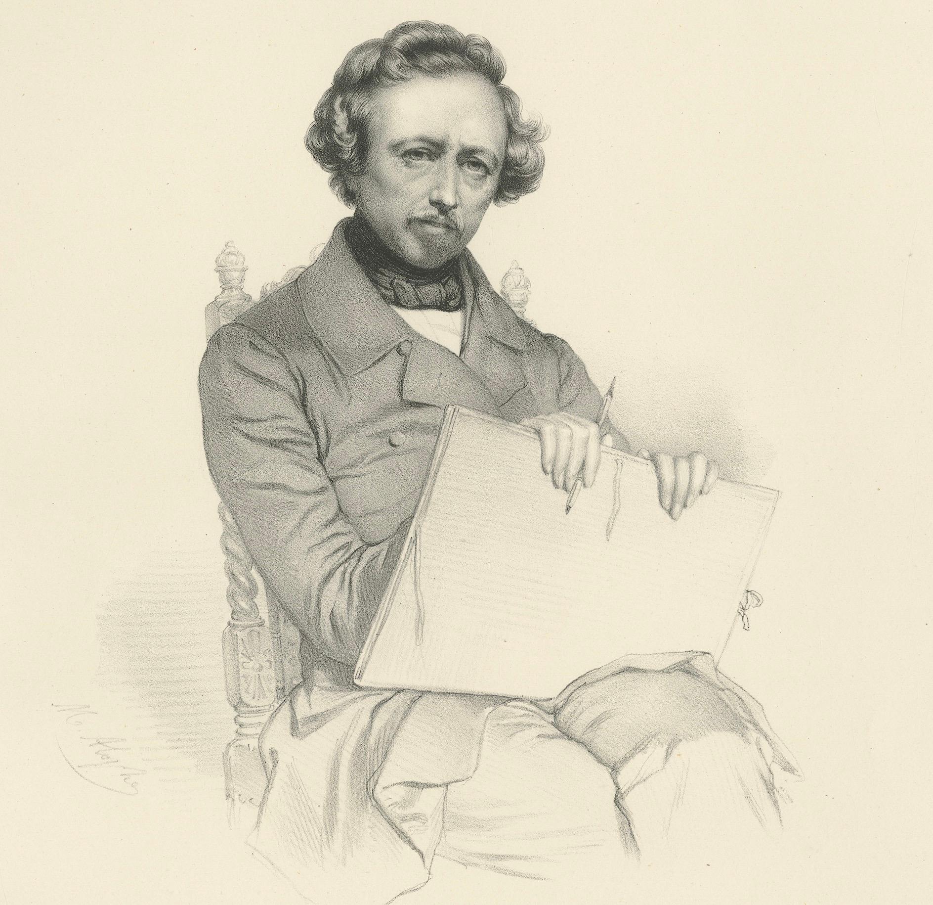 Antique Lithograph Portrait of Ary Scheffer by Le Gout-Gérard, circa 1855 In Excellent Condition For Sale In Langweer, NL