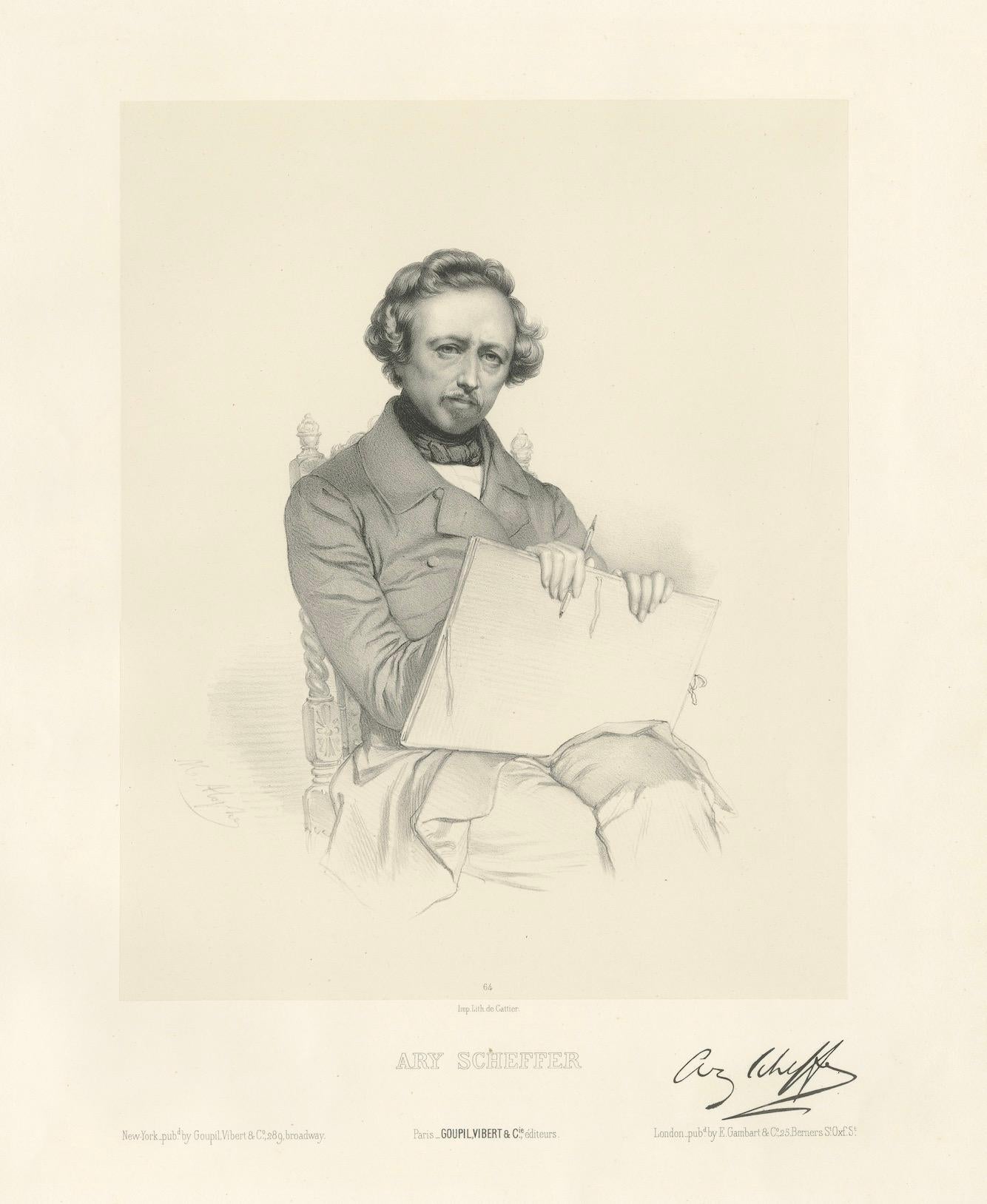 19th Century Antique Lithograph Portrait of Ary Scheffer by Le Gout-Gérard, circa 1855 For Sale
