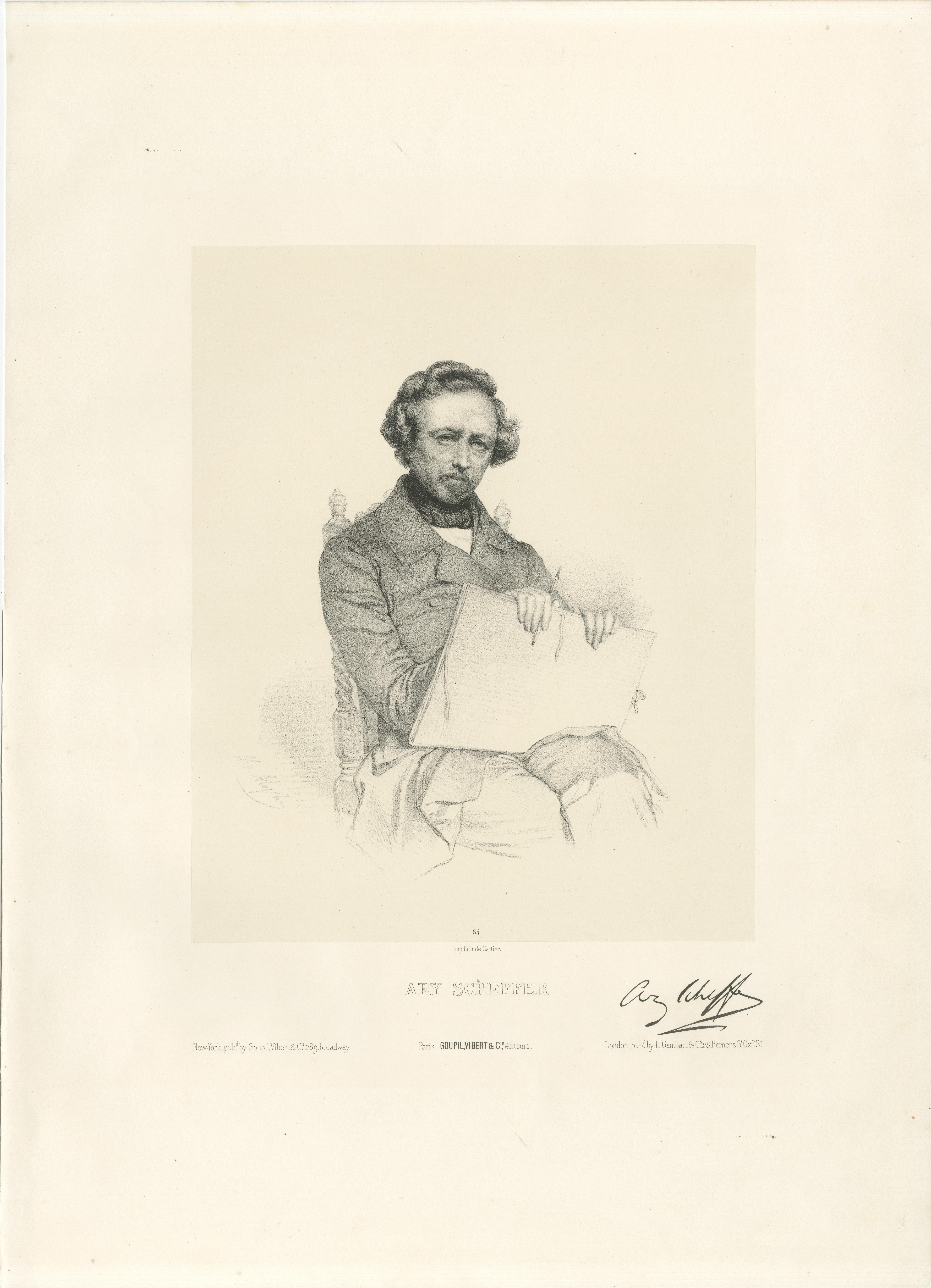Paper Antique Lithograph Portrait of Ary Scheffer by Le Gout-Gérard, circa 1855 For Sale