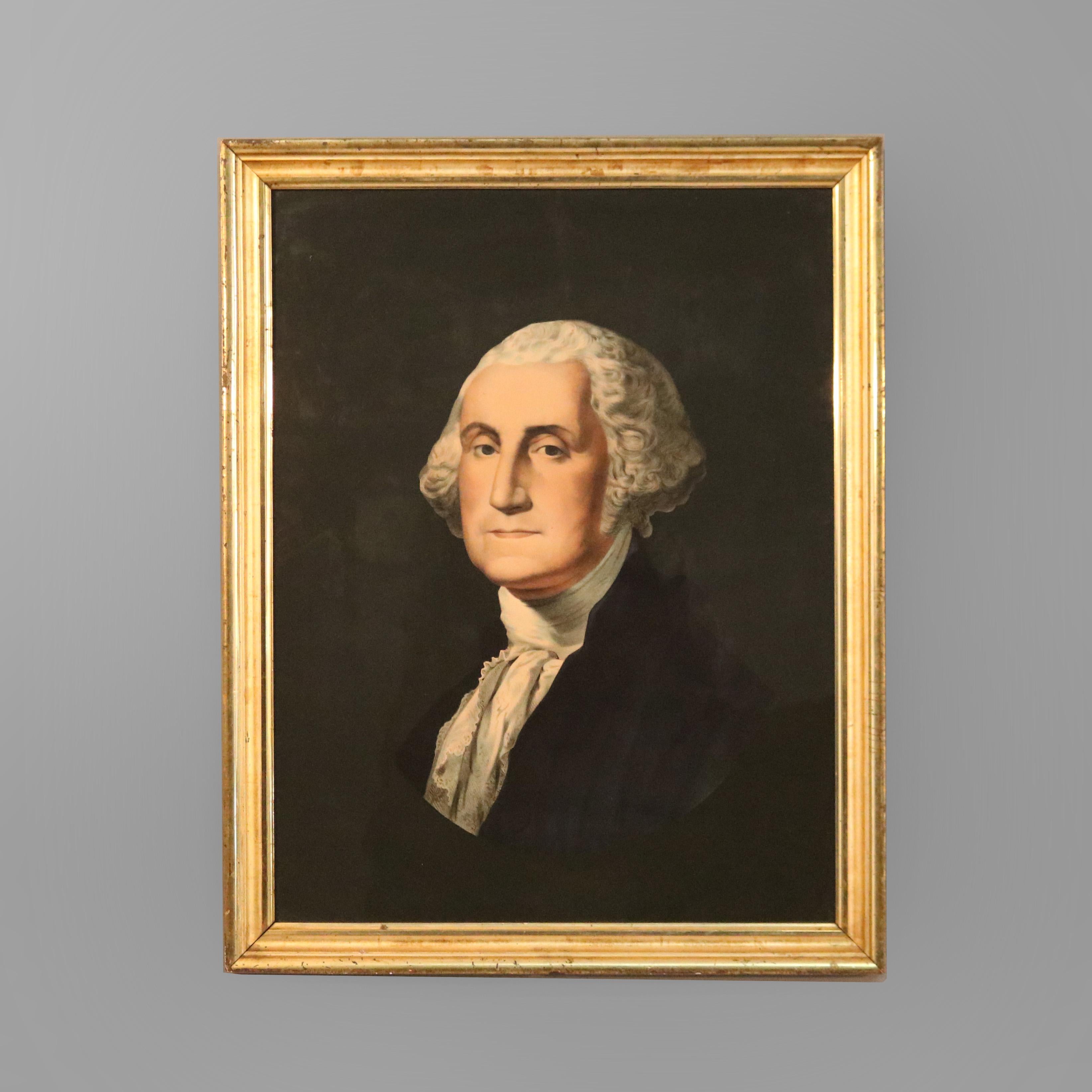 An antique lithograph on paper offers portrait President George Washington, seated in lemon gilt frame, c1860

Measures - overall 31''h x 24.5''w x 1.5