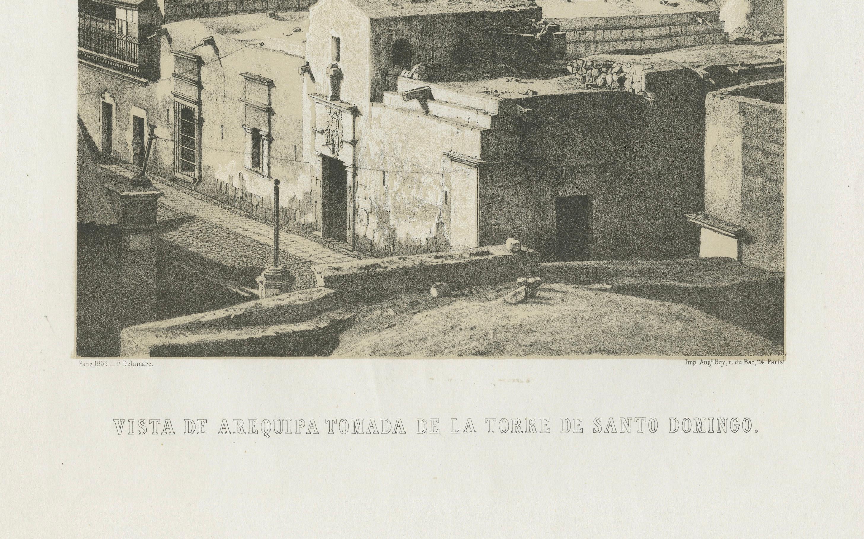 Antique lithograph view of Arequipa from the Tower of Santo Domingo – 1865

This lithograph, titled Vista de Arequipa tomada de la Torre de Santo Domingo, presents a panoramic view of the city of Arequipa as seen from the tower of the Santo Domingo