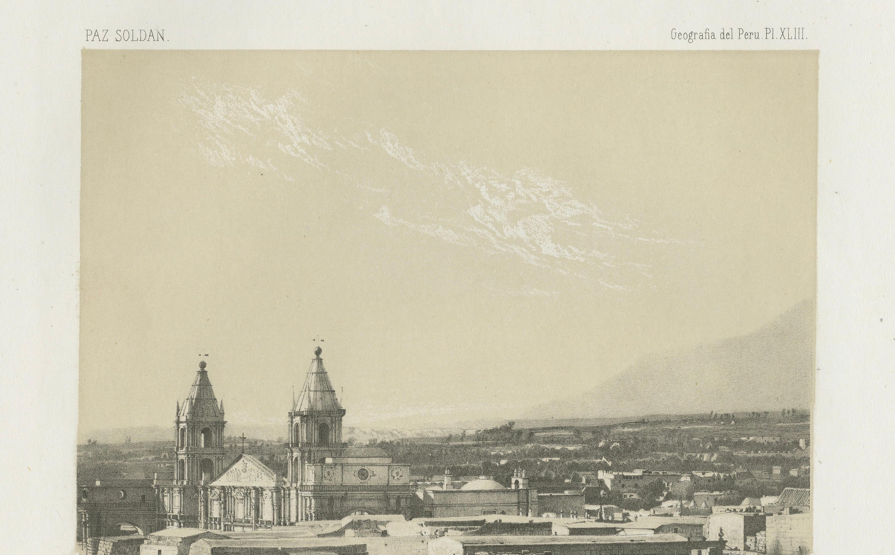 French Antique lithograph view of Arequipa from the Tower of Santo Domingo – 1865 For Sale