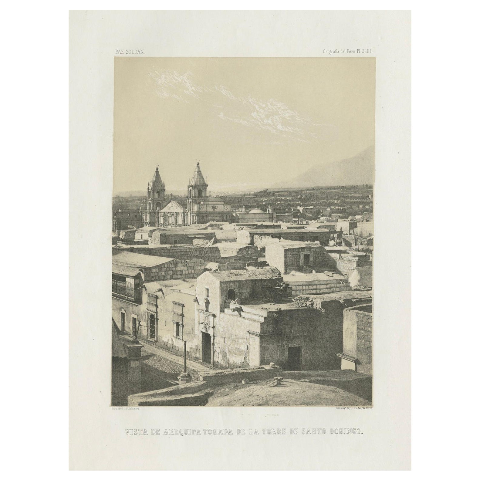 Antique lithograph view of Arequipa from the Tower of Santo Domingo – 1865