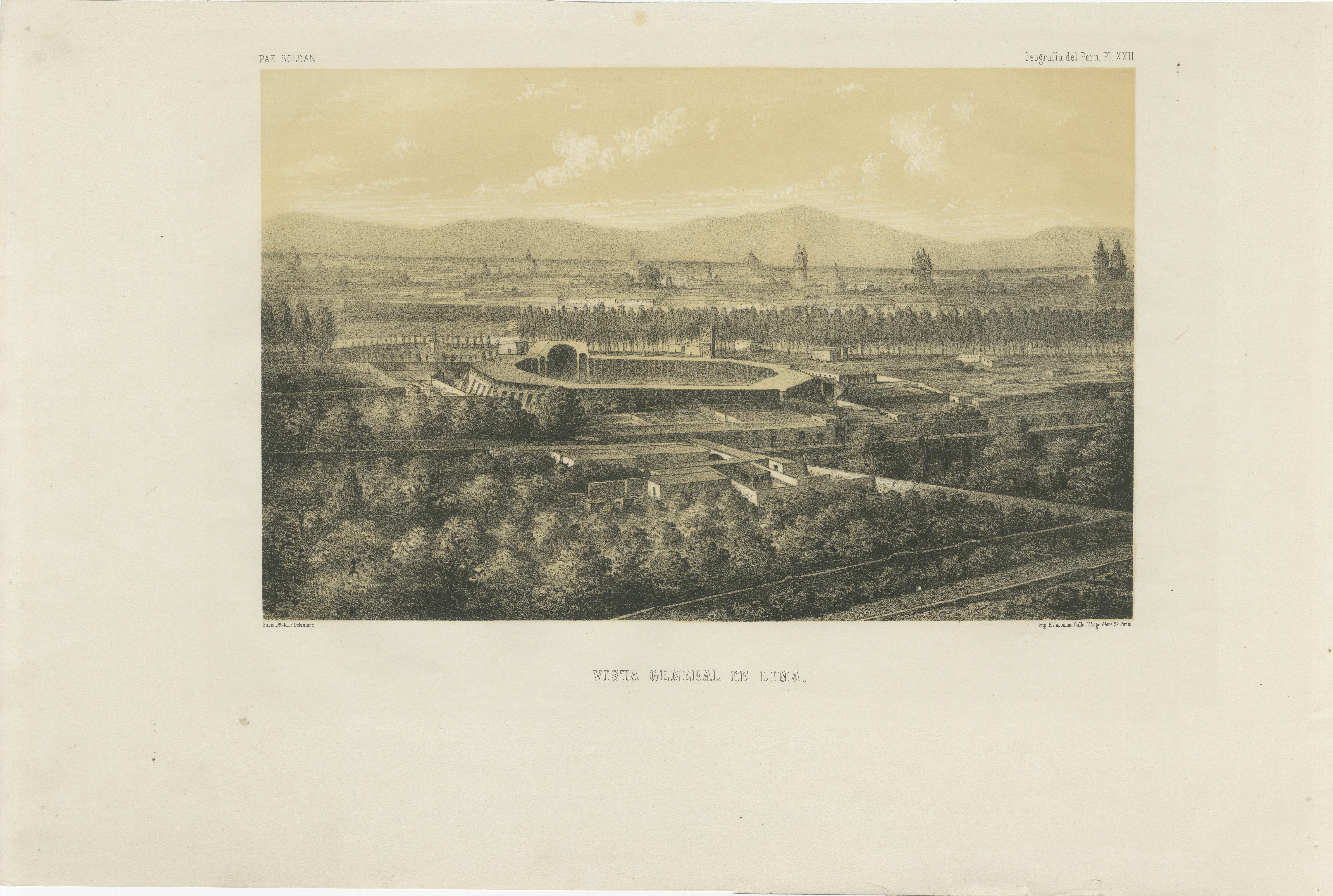 Antique lithograph view of Lima, Peru – Vista General de Lima, 1865

This rare lithograph presents a panoramic view titled Vista General de Lima, showing the Peruvian capital in the mid-19th century. Published in 1865 as part of Mariano Felipe Paz