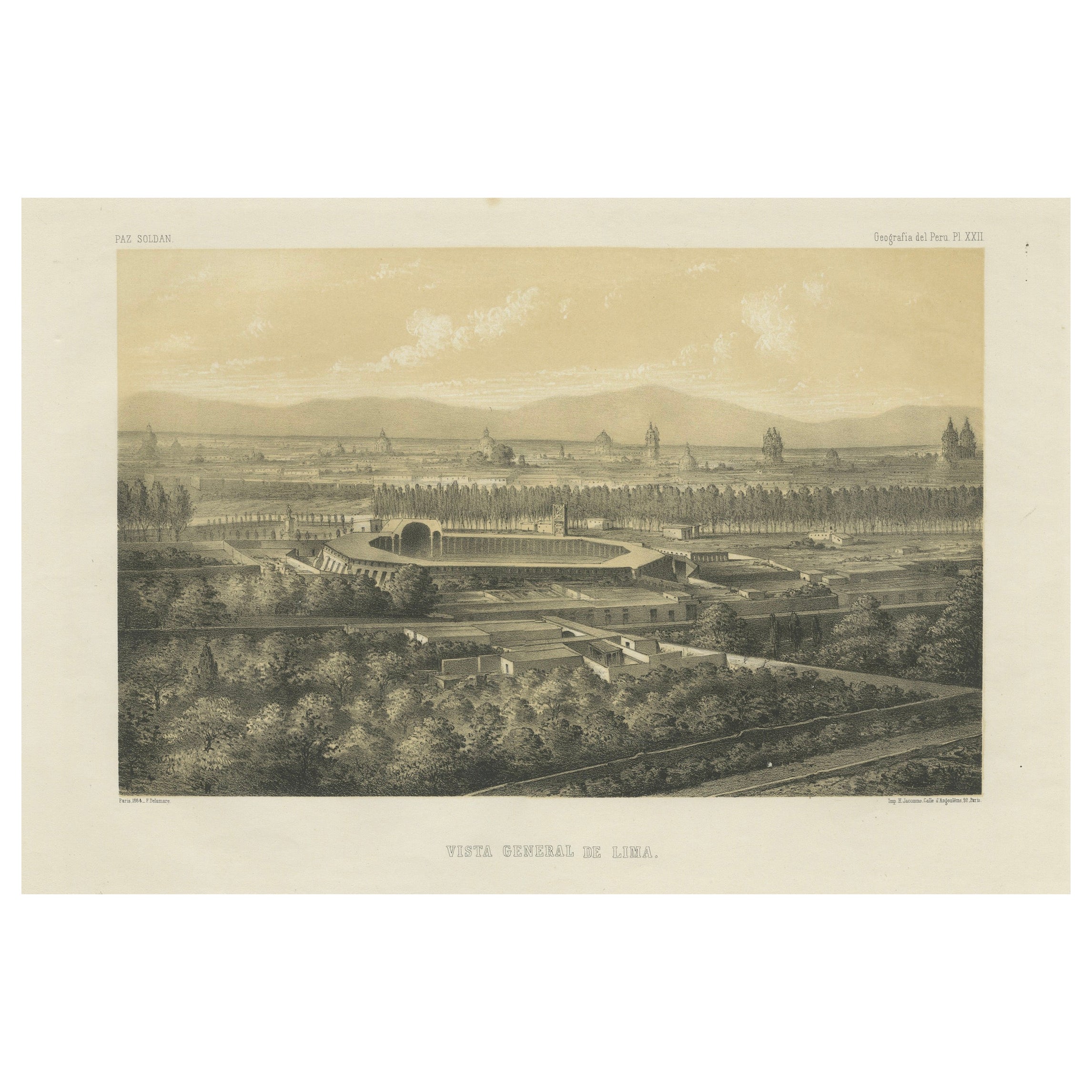 Antique Lithograph View of Lima, Peru – Vista General de Lima 1865