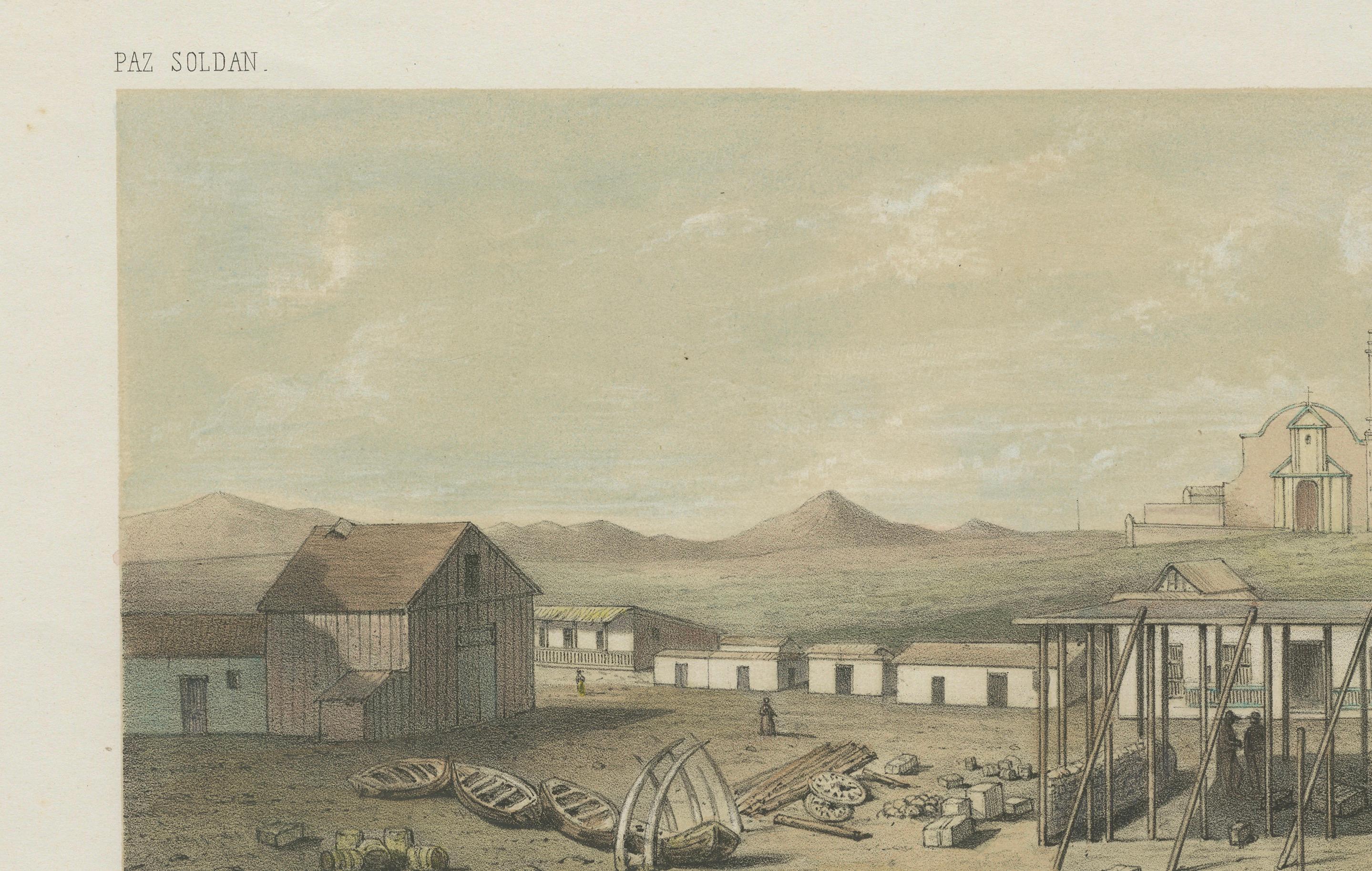 Antique lithograph view of Puerto de Huanchaco, Peru – 1865

Description:
This finely hand-colored lithograph depicts Puerto de Huanchaco, the historic fishing and trading port located near Trujillo on Peru’s northern coast. It was published in 1865
