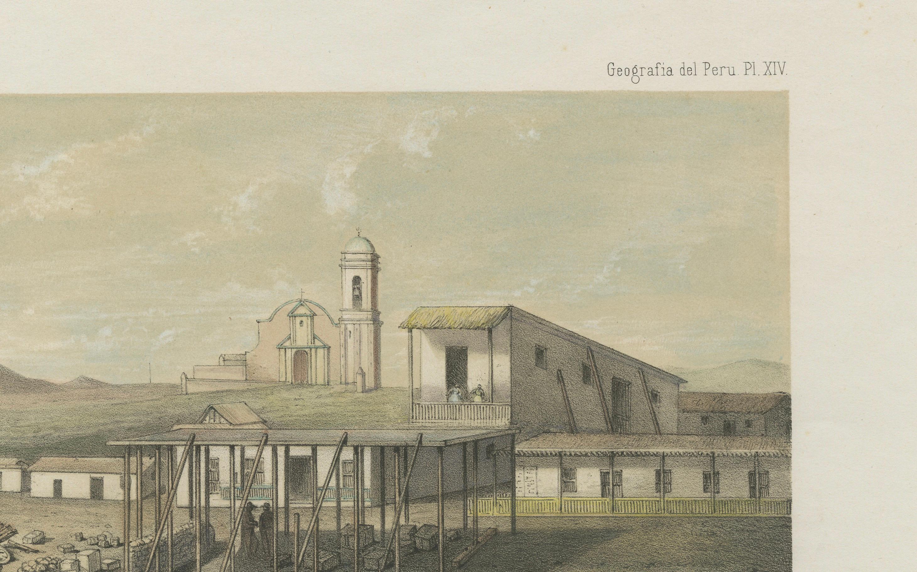 French Antique Lithograph View of Puerto de Huanchaco, Peru c.1865 For Sale