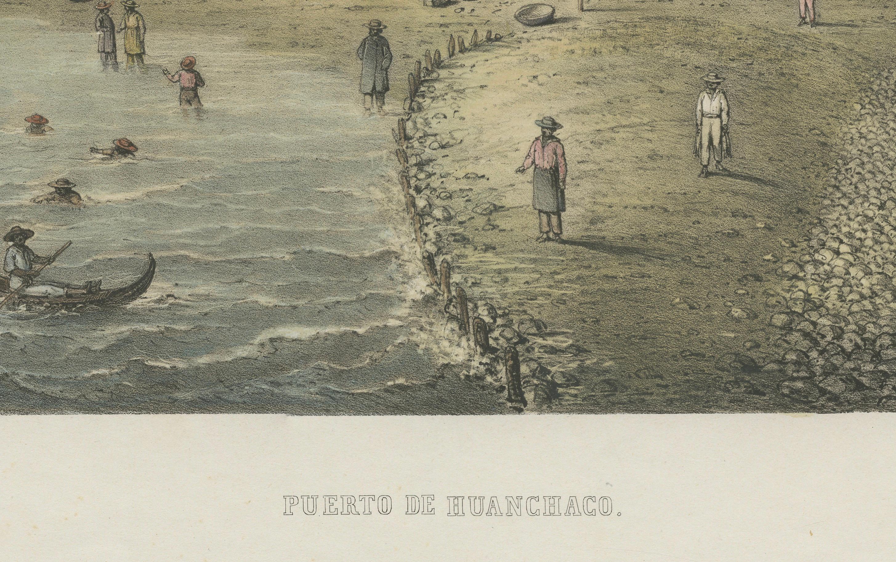 Mid-19th Century Antique Lithograph View of Puerto de Huanchaco, Peru c.1865 For Sale