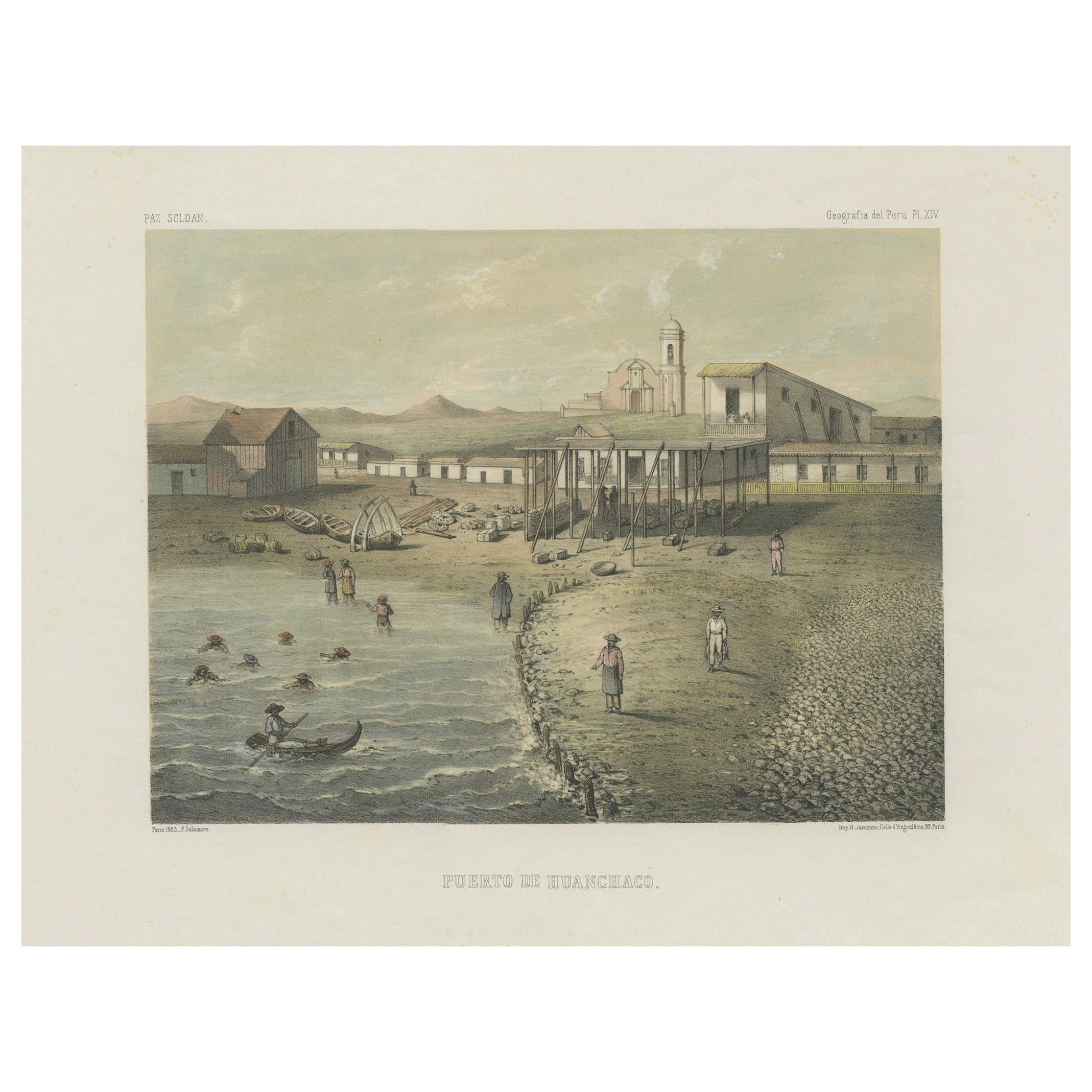 Antique Lithograph View of Puerto de Huanchaco, Peru c.1865