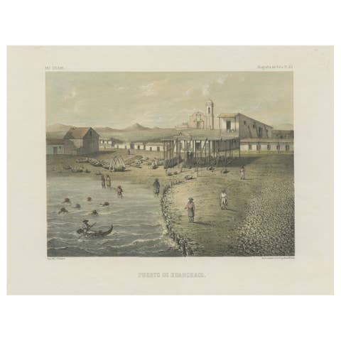 Antique Lithograph View of Puerto de Huanchaco, Peru c.1865