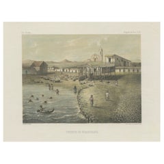 Antique Lithograph View of Puerto de Huanchaco, Peru c.1865
