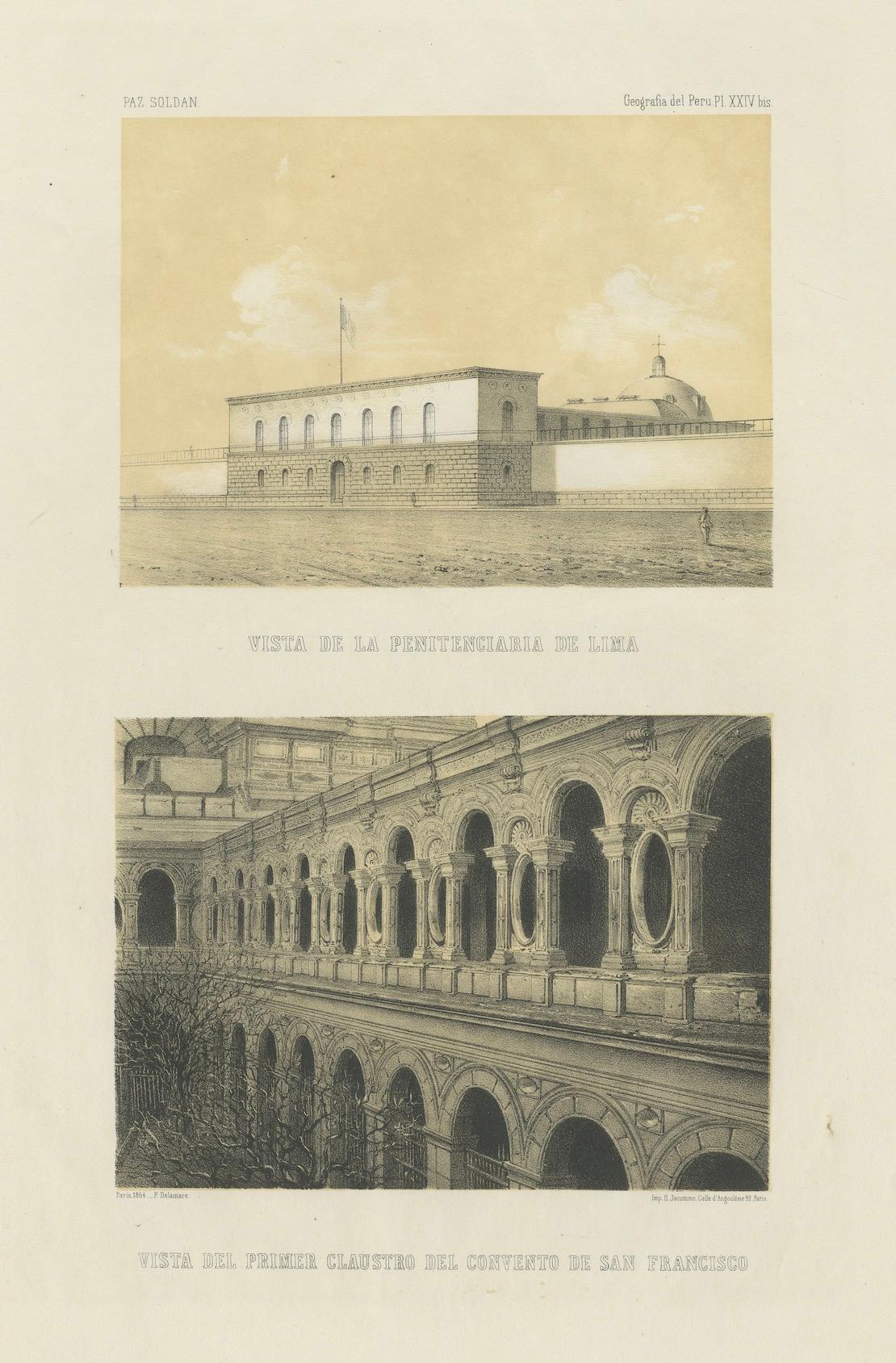 Carta Antiche vedute litografiche di Lima - Penitenziario e Convento di San Francisco, 1865 in vendita