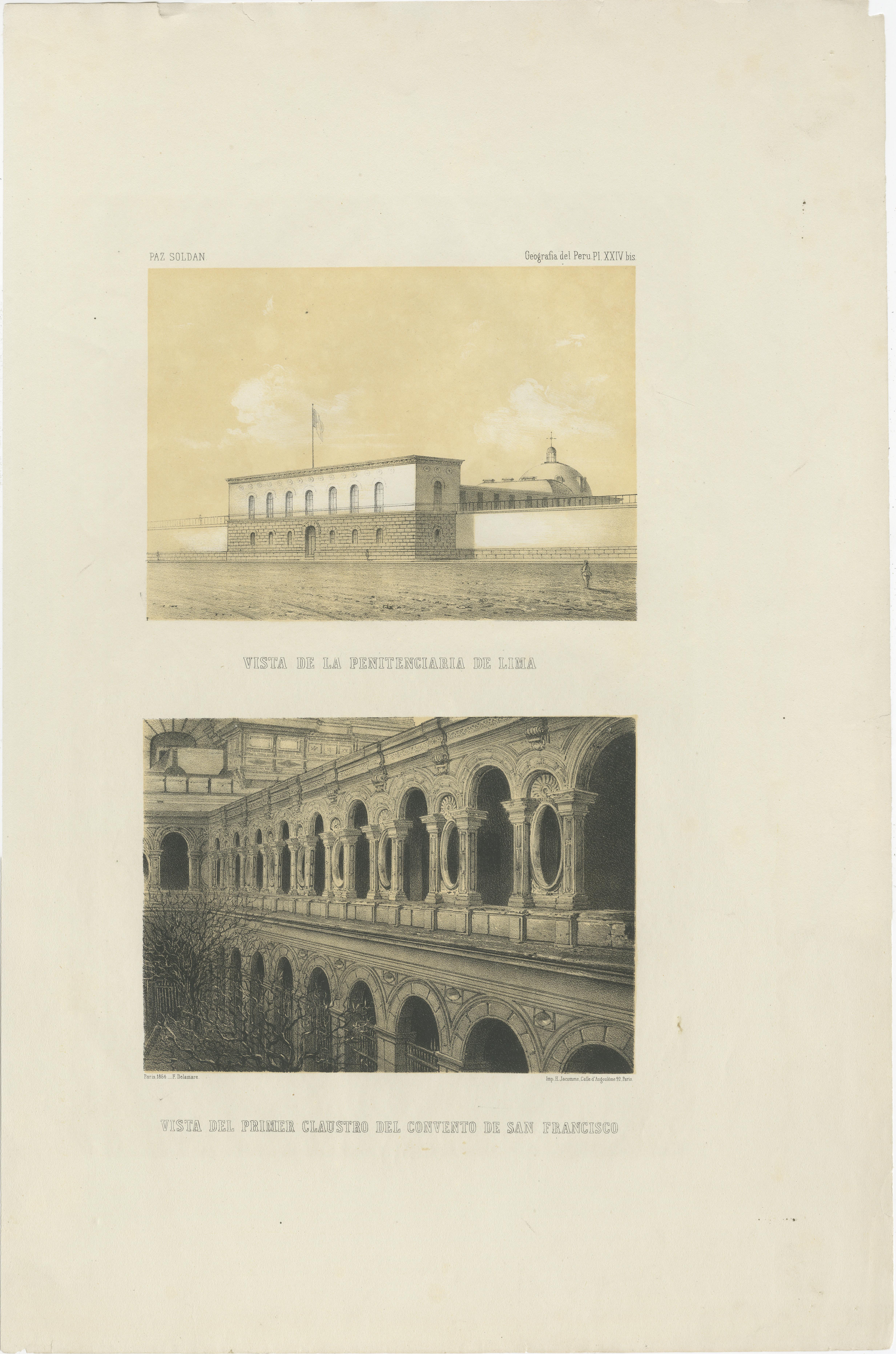 Antiche vedute litografiche di Lima - Penitenziario e Convento di San Francisco, 1865 in vendita 1