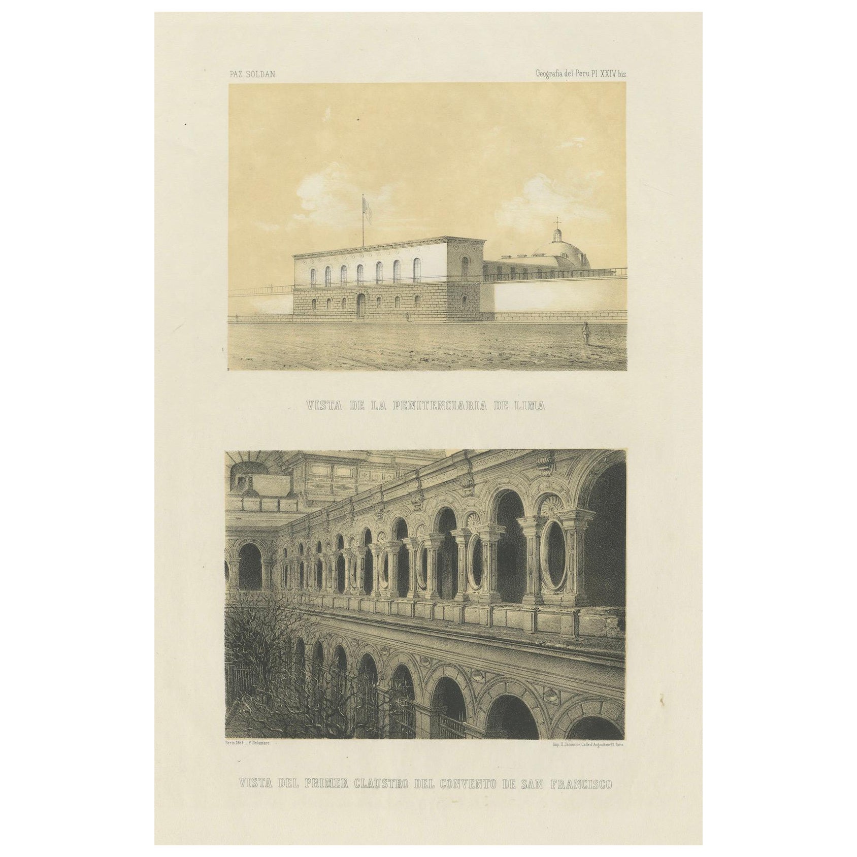 Antique lithograph views of Lima – Penitentiary & San Francisco Convent, 1865