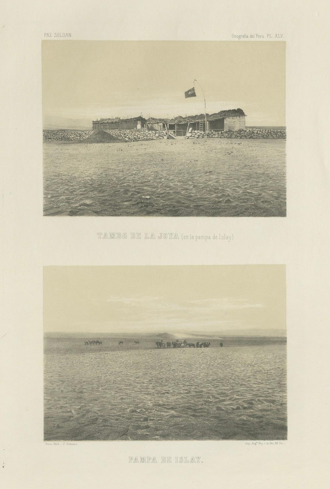 Paper Antique lithograph views of Tambo de la Joya and Pampa de Islay, Peru – 1865 For Sale