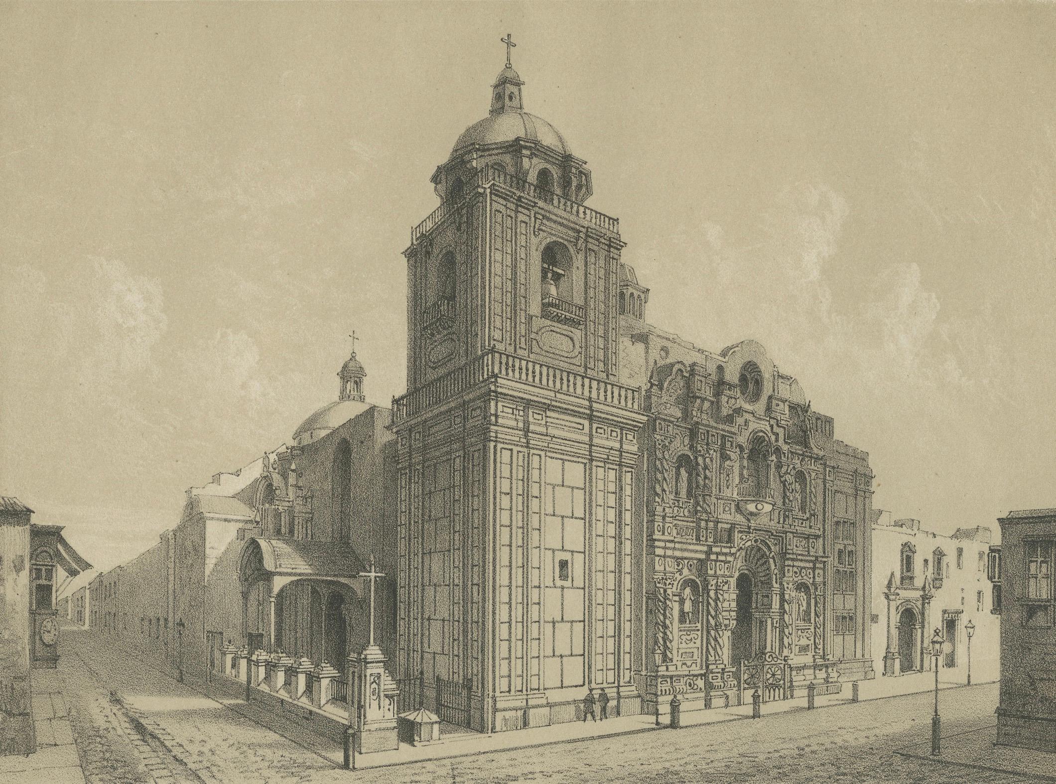 French Antique lithograph views of the Cathedral and La Merced Church, Lima – 1865 For Sale