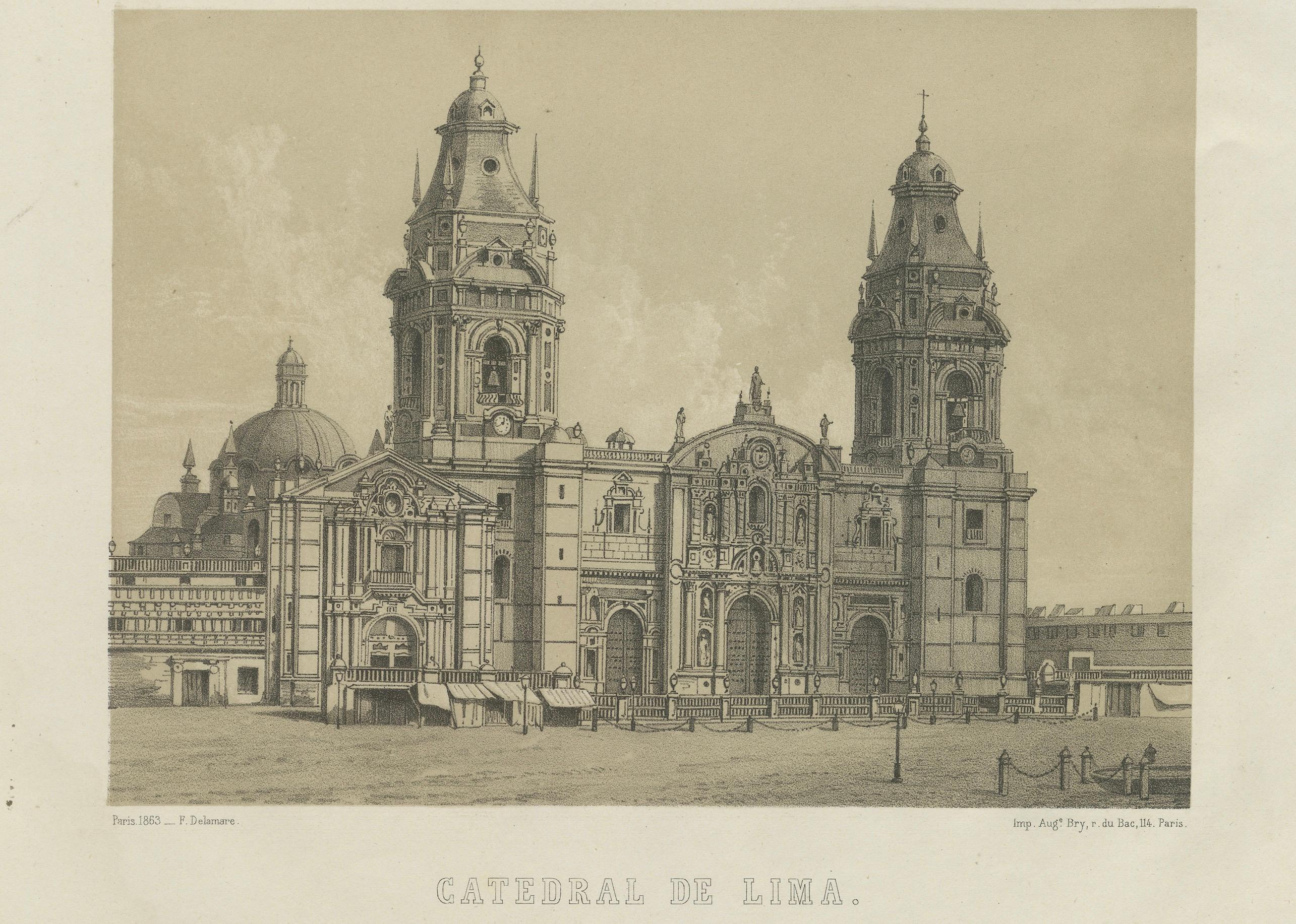 Antique lithograph views of the Cathedral and La Merced Church, Lima – 1865 In Good Condition For Sale In Langweer, NL