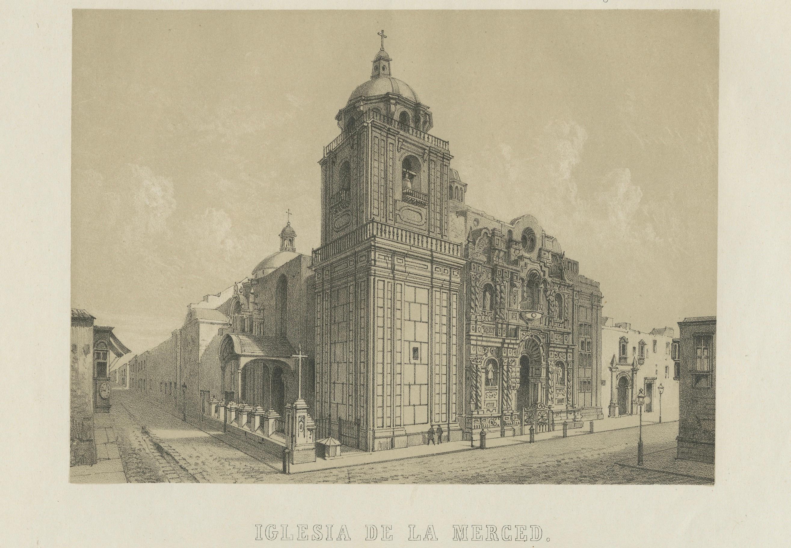 Mid-19th Century Antique lithograph views of the Cathedral and La Merced Church, Lima – 1865 For Sale
