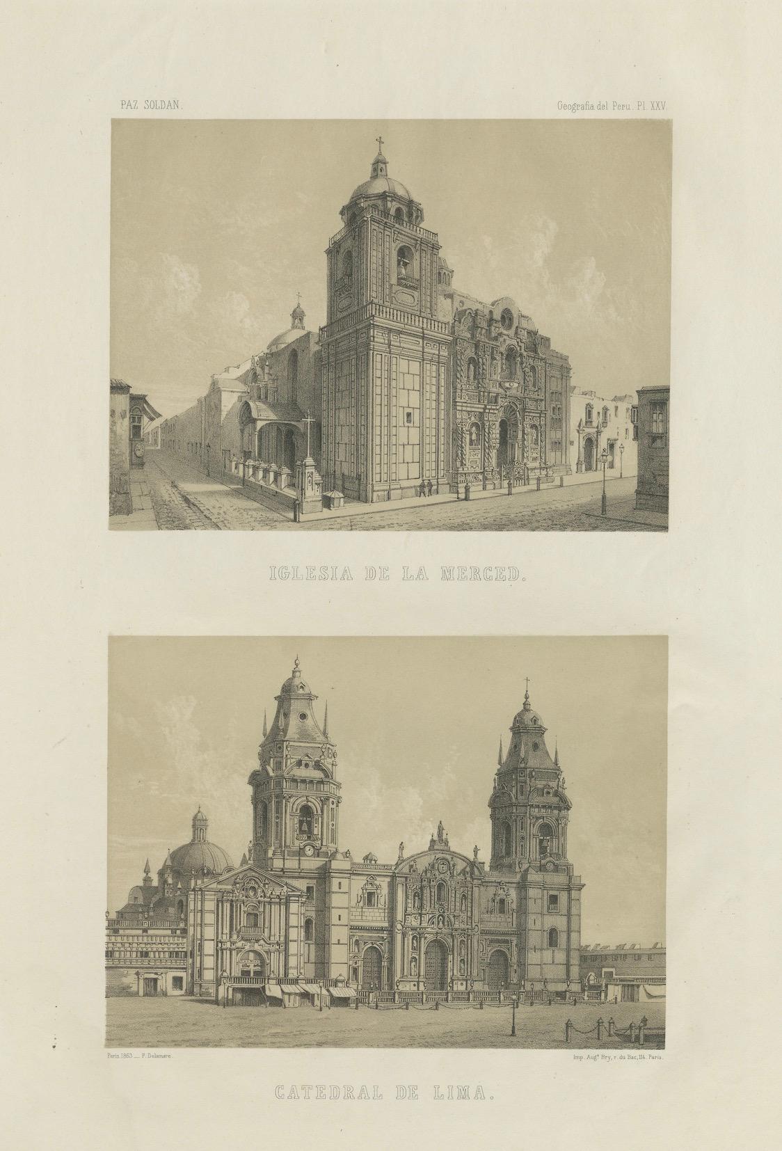Paper Antique lithograph views of the Cathedral and La Merced Church, Lima – 1865 For Sale