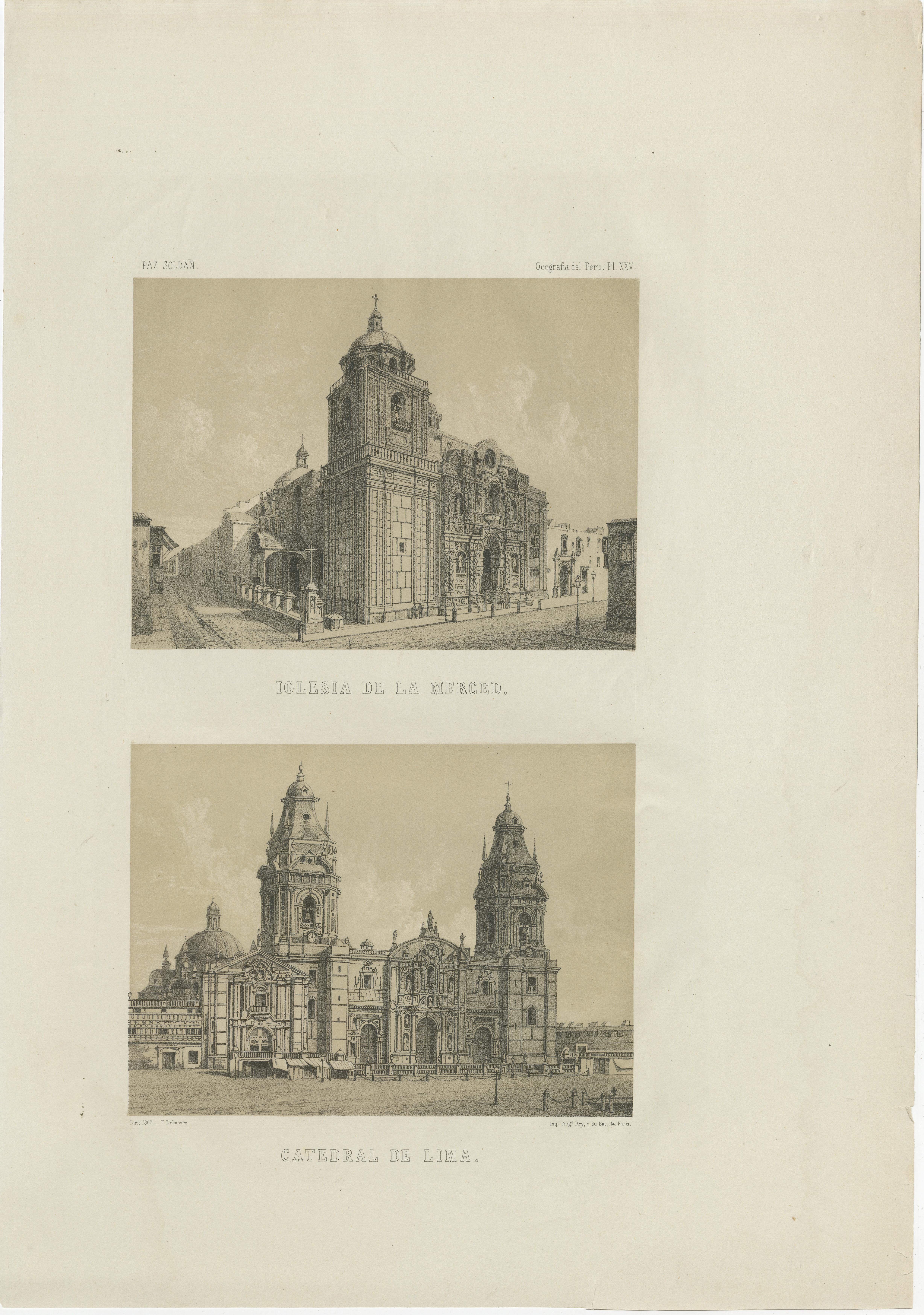 Antique lithograph views of the Cathedral and La Merced Church, Lima – 1865 For Sale 1