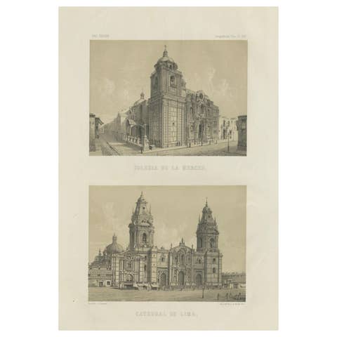 Antique lithograph views of the Cathedral and La Merced Church, Lima – 1865
