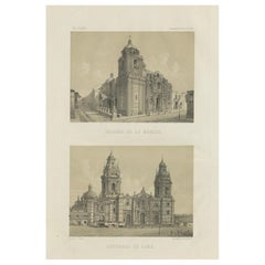 Antique lithograph views of the Cathedral and La Merced Church, Lima – 1865