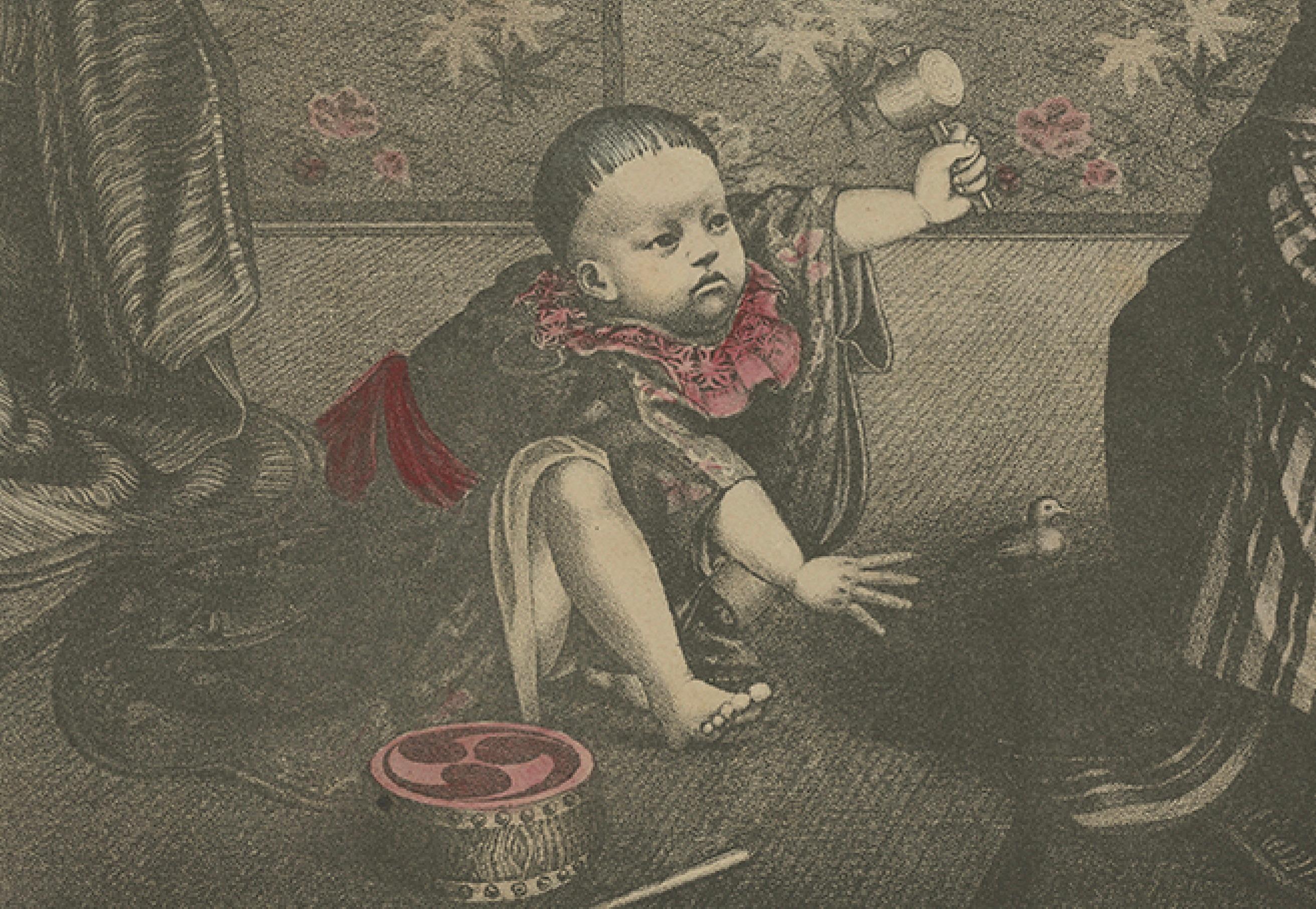 19th Century Antique Lithograph: Women and Child at Play – Meiji Era Japanese Family Scene For Sale