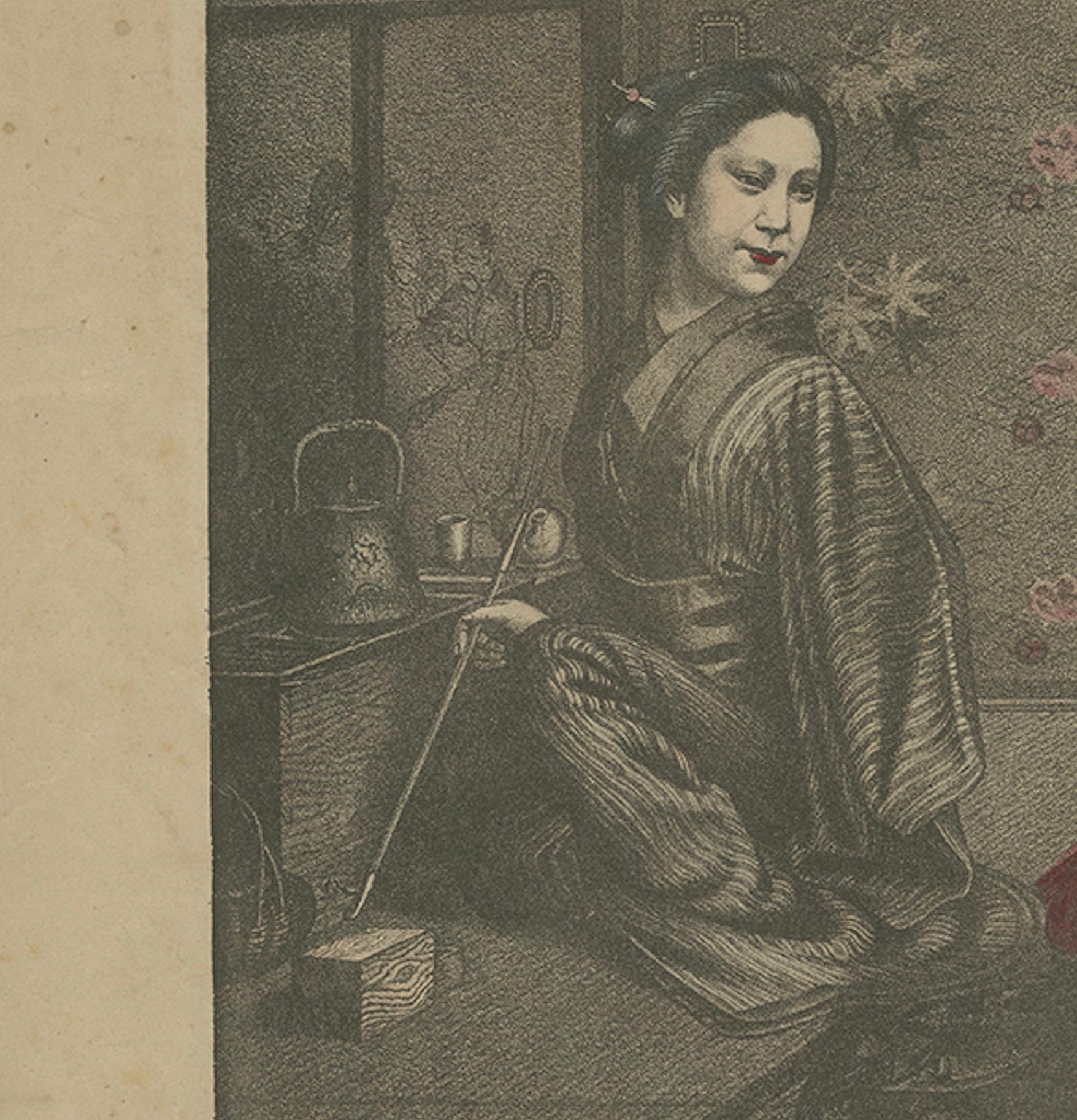 Paper Antique Lithograph: Women and Child at Play – Meiji Era Japanese Family Scene For Sale