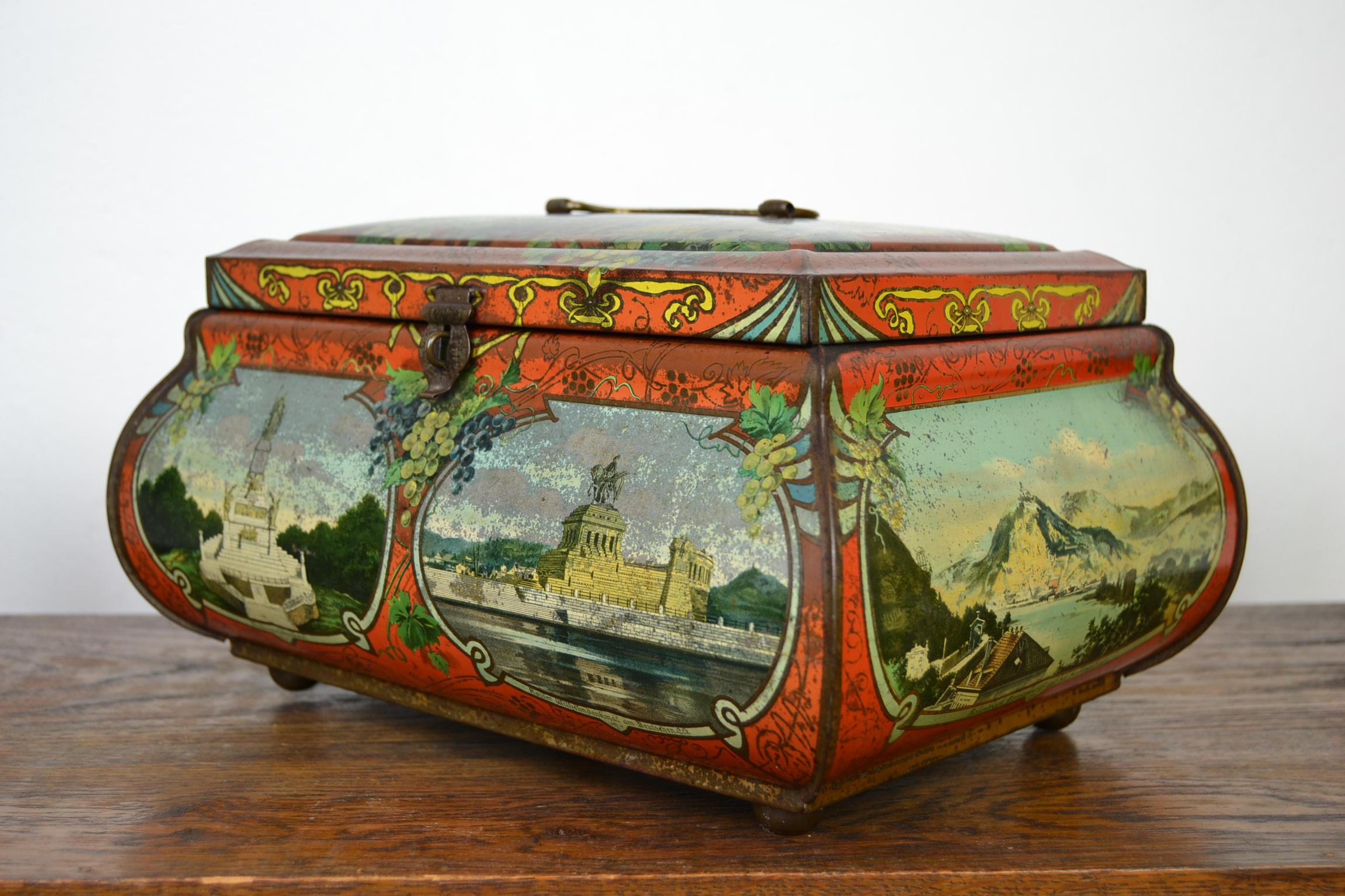 Antique Lithographic Tin with Handle and German Places, Germany, Art Nouveau 4