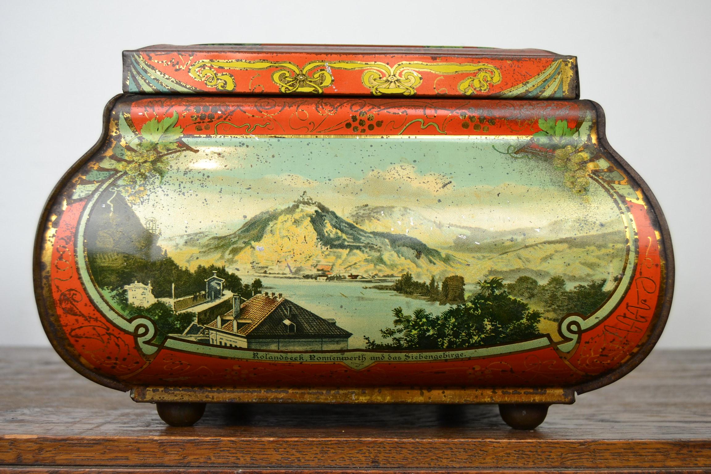 Antike lithographische Dose mit Henkel und deutschen Orten:: Deutschland:: Jugendstil 6