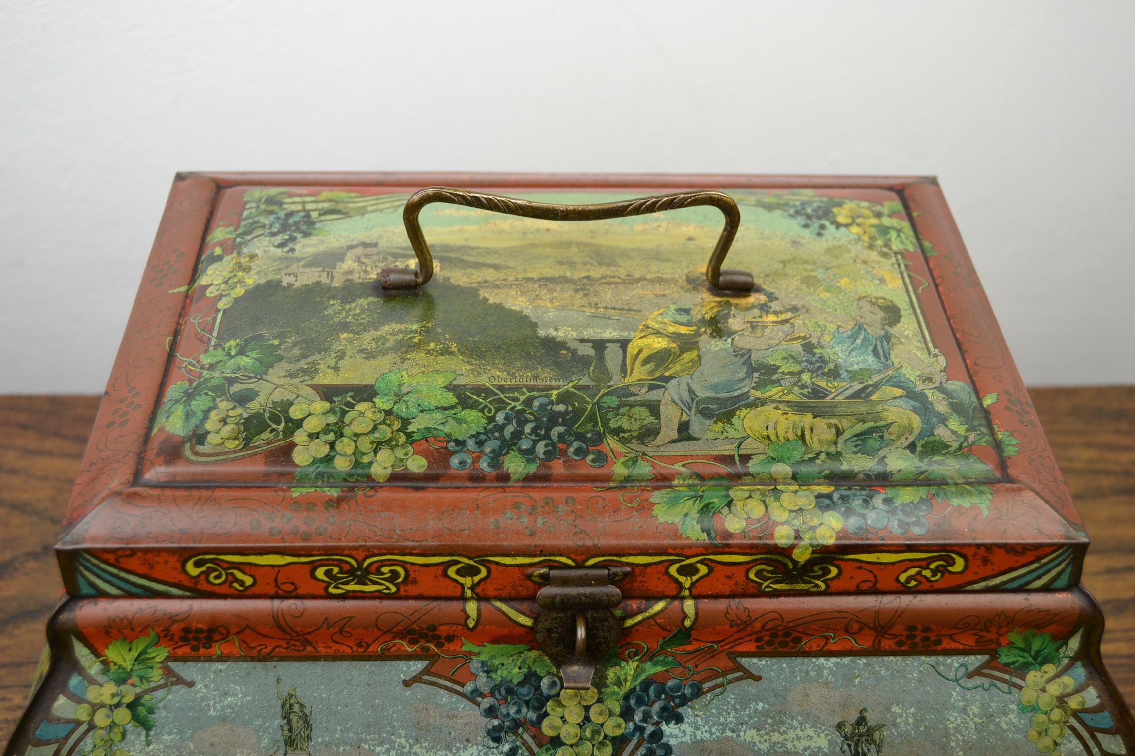 Antique Lithographic Tin with Handle and German Places, Germany, Art Nouveau 6