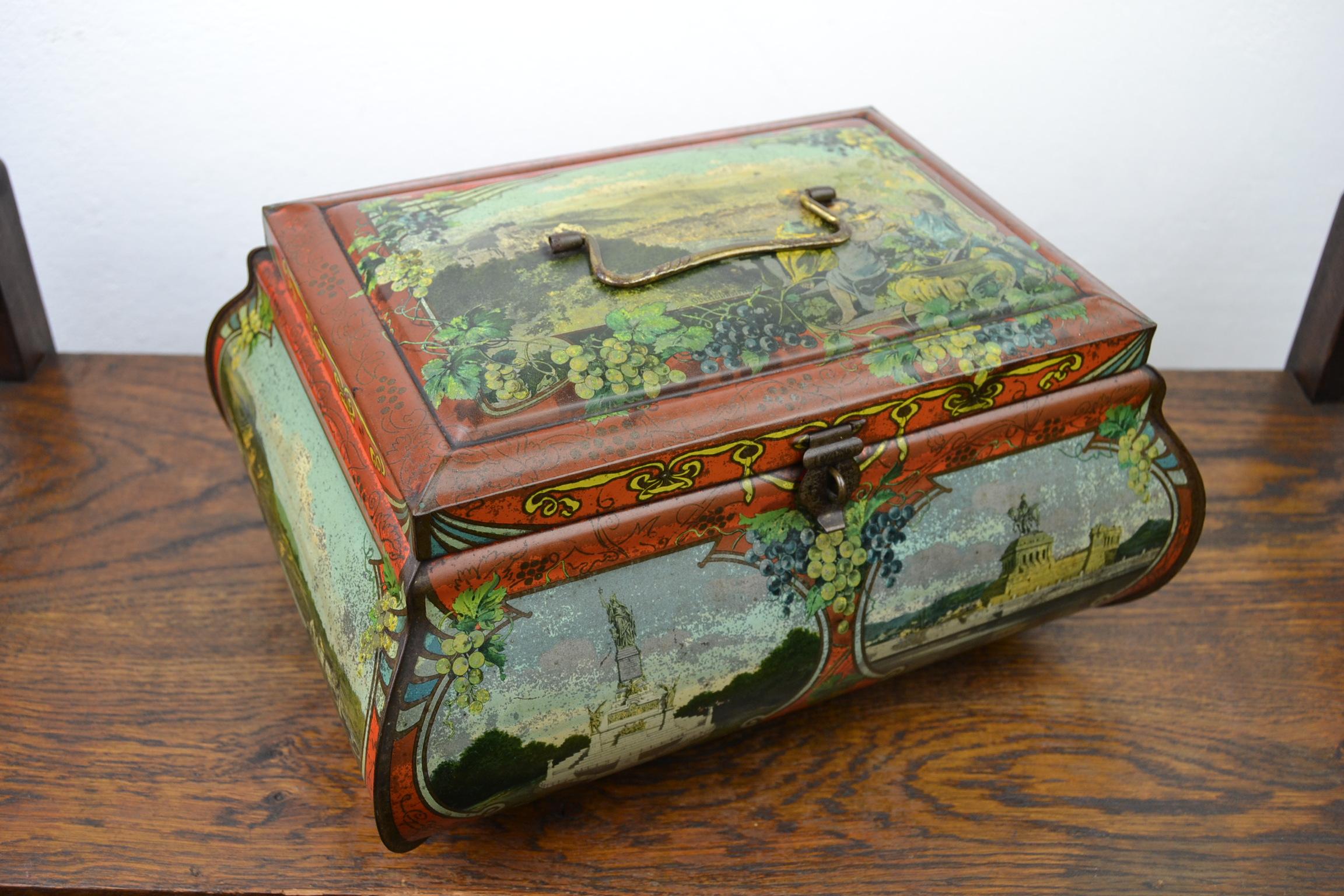 Antique Lithographic Tin with Handle and German Places, Germany, Art Nouveau 9