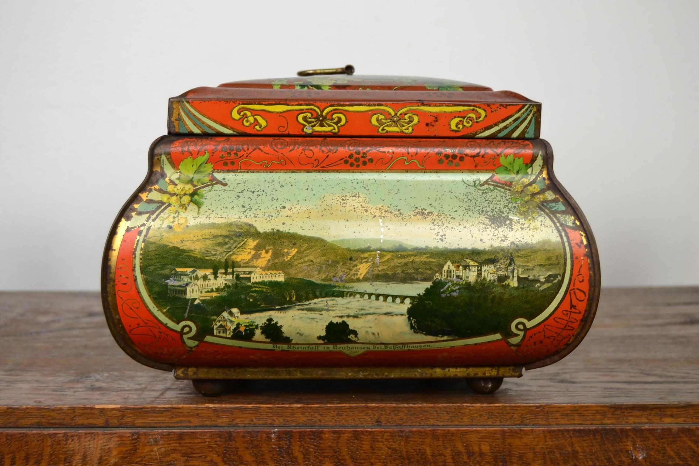 Antique Lithographic Tin with Handle and German Places, Germany, Art Nouveau In Good Condition In Antwerp, BE