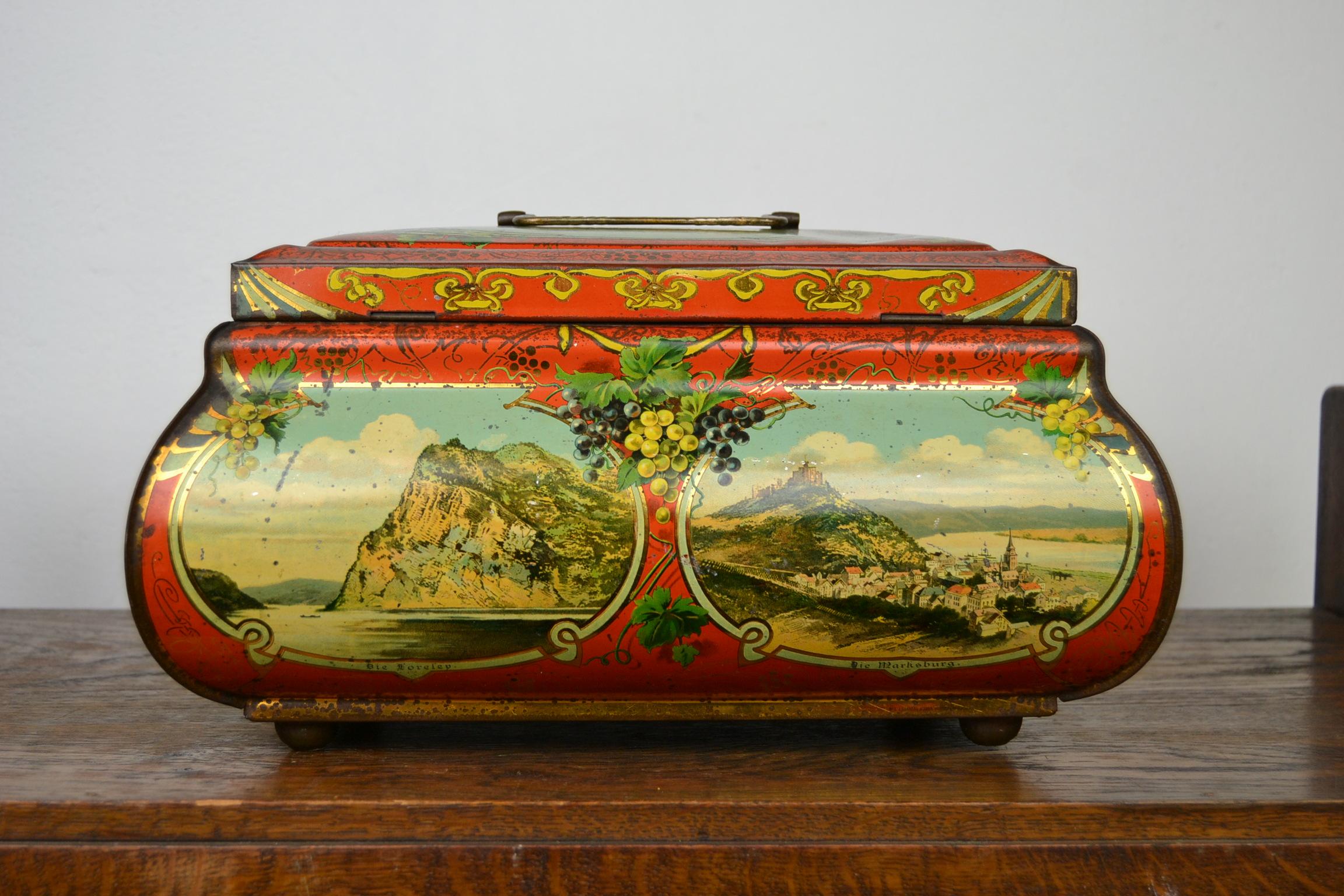 Antique Lithographic Tin with Handle and German Places, Germany, Art Nouveau 1
