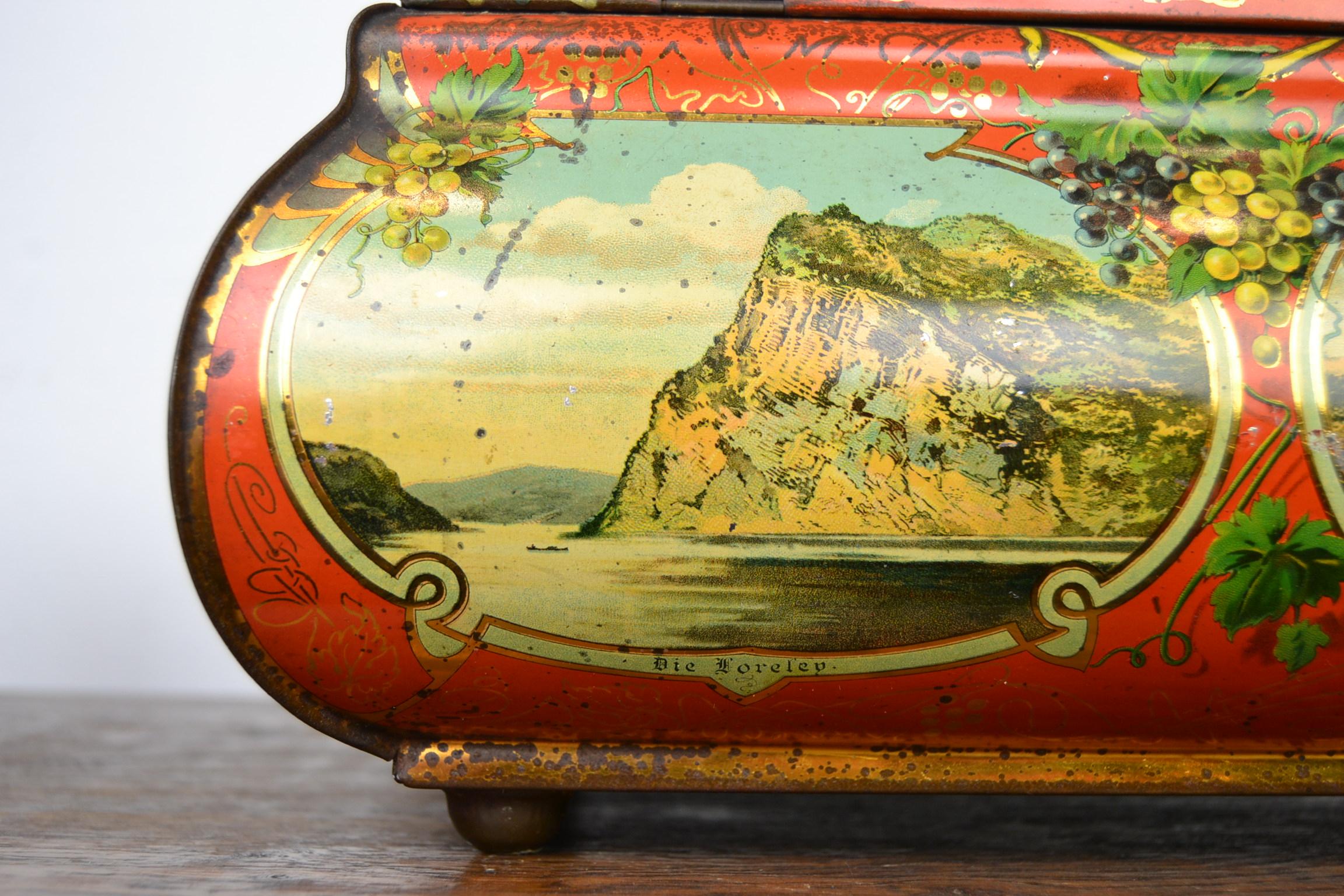 Antique Lithographic Tin with Handle and German Places, Germany, Art Nouveau 2