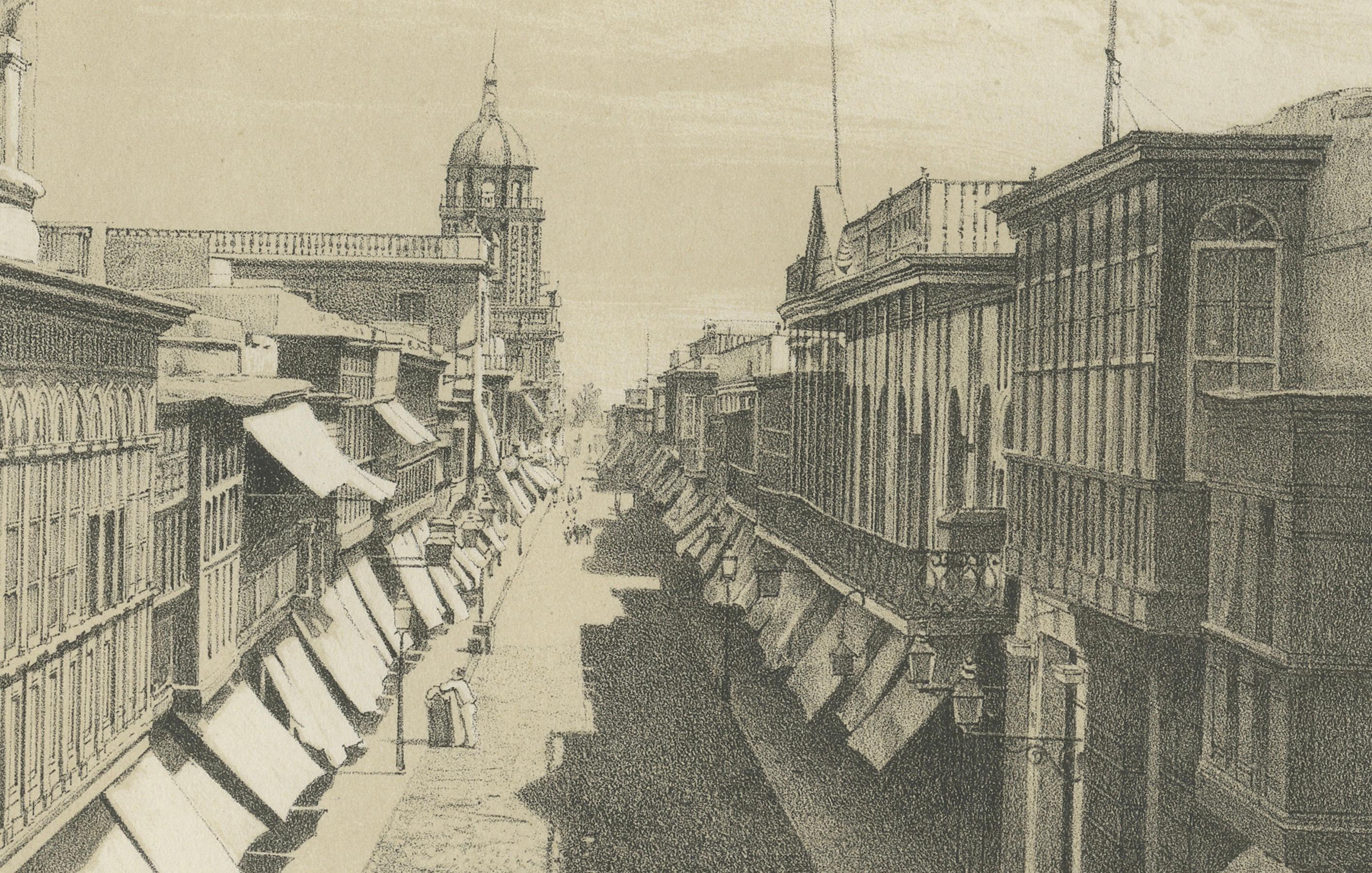 Antique lithograph views of Lima, Peru – Paseo de los Descalzos & Calle de Mercaderes, 1865

This lithograph sheet presents two distinct urban views of Lima, published in 1865 in Mariano Felipe Paz Soldán’s Atlas Geográfico del Perú. The atlas,