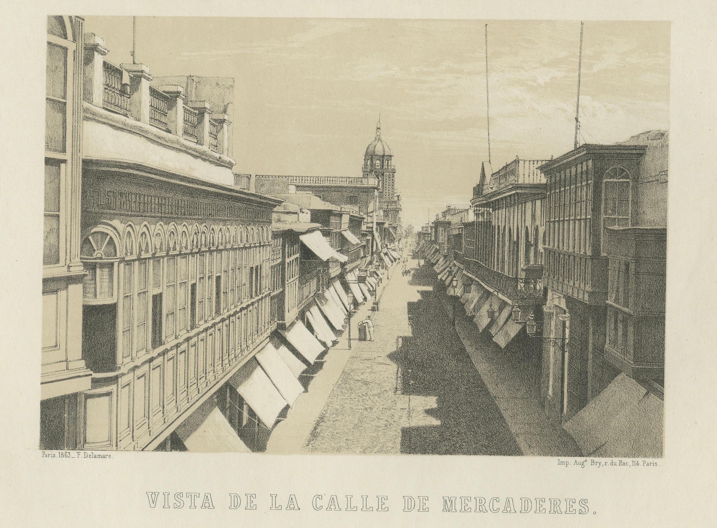 Antique Lithographs of Lima Peru 1865 – Paseo de los Descalzos & Mercaderes In Good Condition For Sale In Langweer, NL