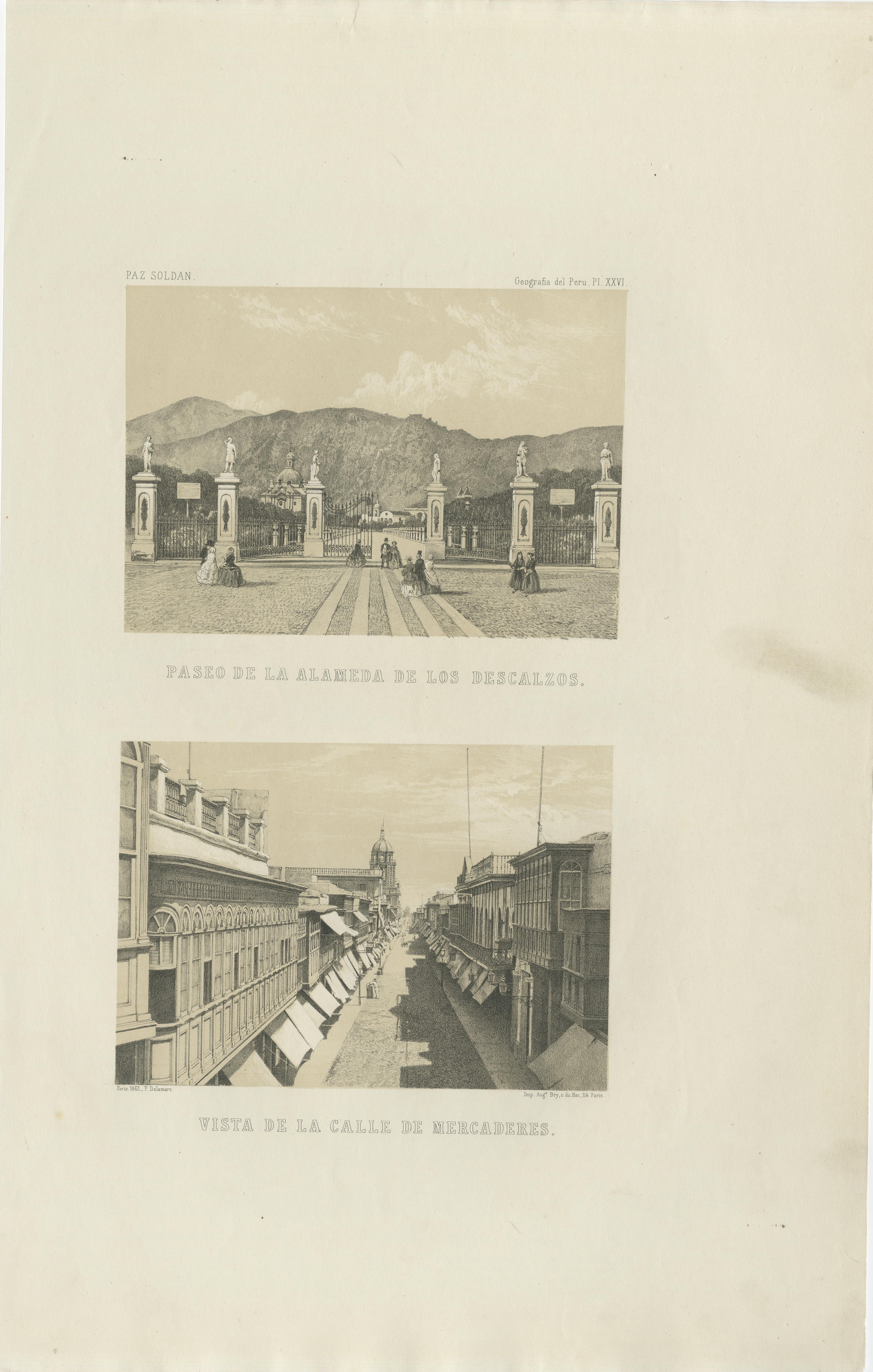 Antique Lithographs of Lima Peru 1865 – Paseo de los Descalzos & Mercaderes For Sale 1