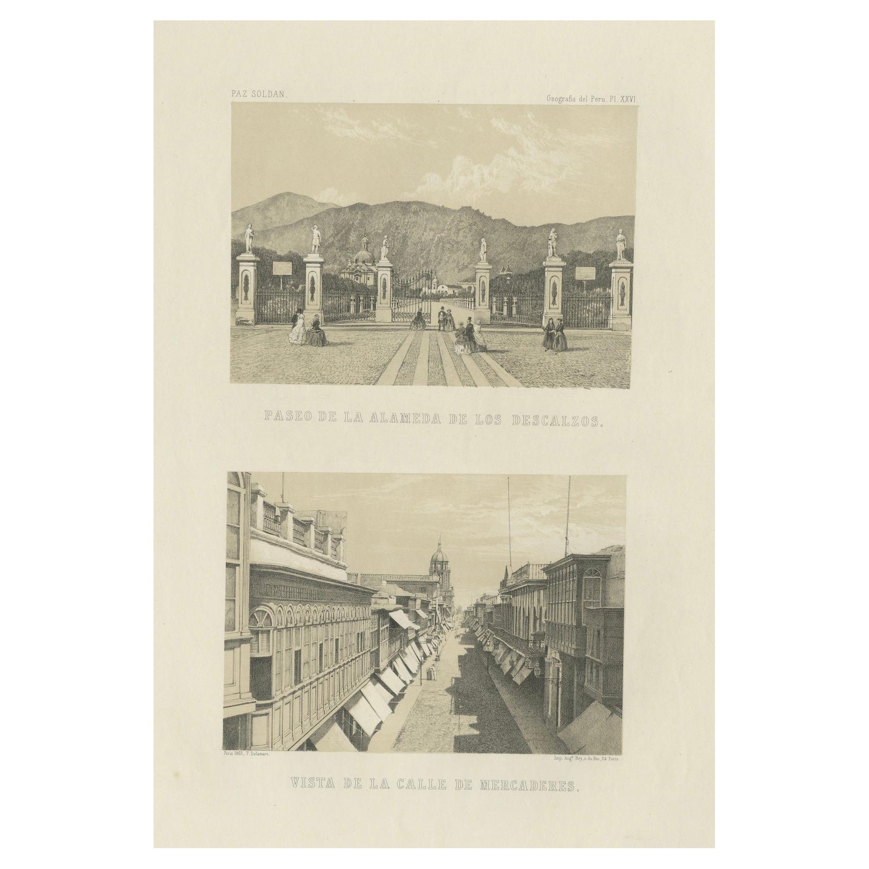 Antique Lithographs of Lima Peru 1865 – Paseo de los Descalzos & Mercaderes For Sale
