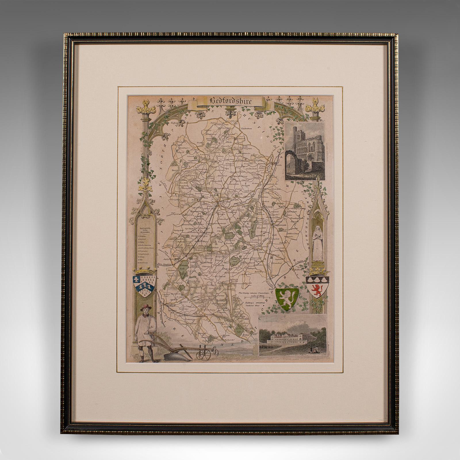 This is an antique lithography map of Bedfordshire. An English, framed atlas engraving of cartographic interest, dating to the mid 19th century and later.

Superb lithography of Bedfordshire and its county detail, perfect for display
Displaying a